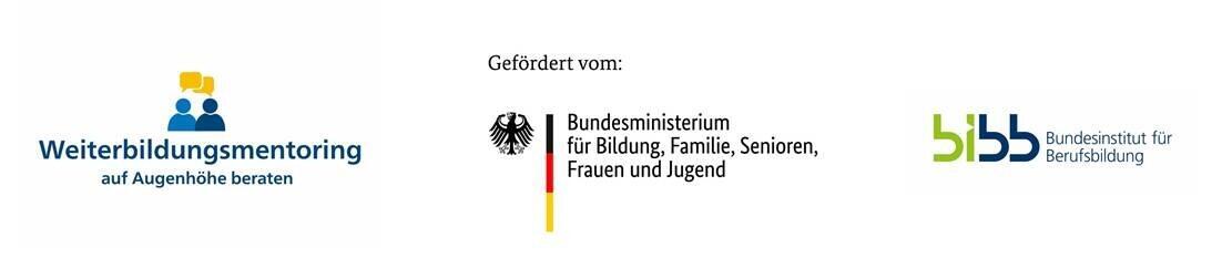 Logos vom Weiterbildungsmentoring, dem Bundesministerium für Bildung, Familie, senioren, Frauen und Jugend und dem bibb