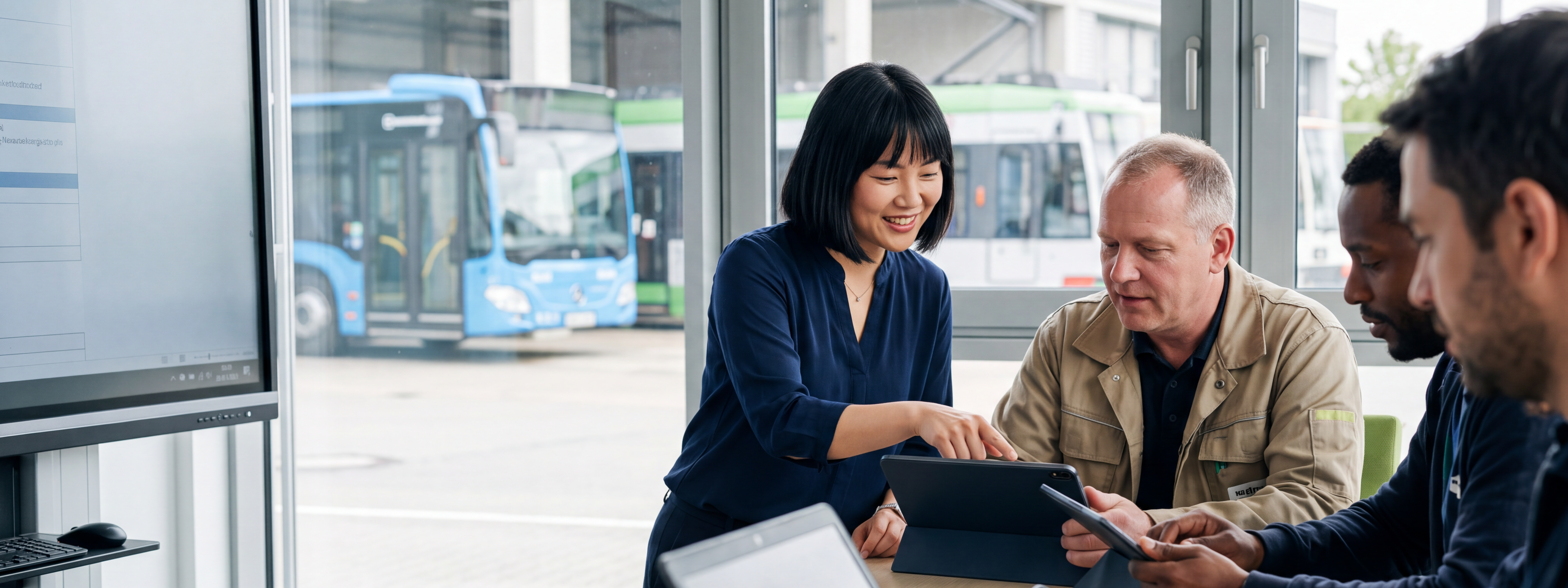 Lernsituation in einem modernen Büro eine Frau zeigt 3 Männern, die an Laptops und Tablets arbeiten etwas, im Hintergrund der Betriebshof eines Verkehrsunternehmens, wir sehen einen blauen Bus und eine grün weiße Bahn