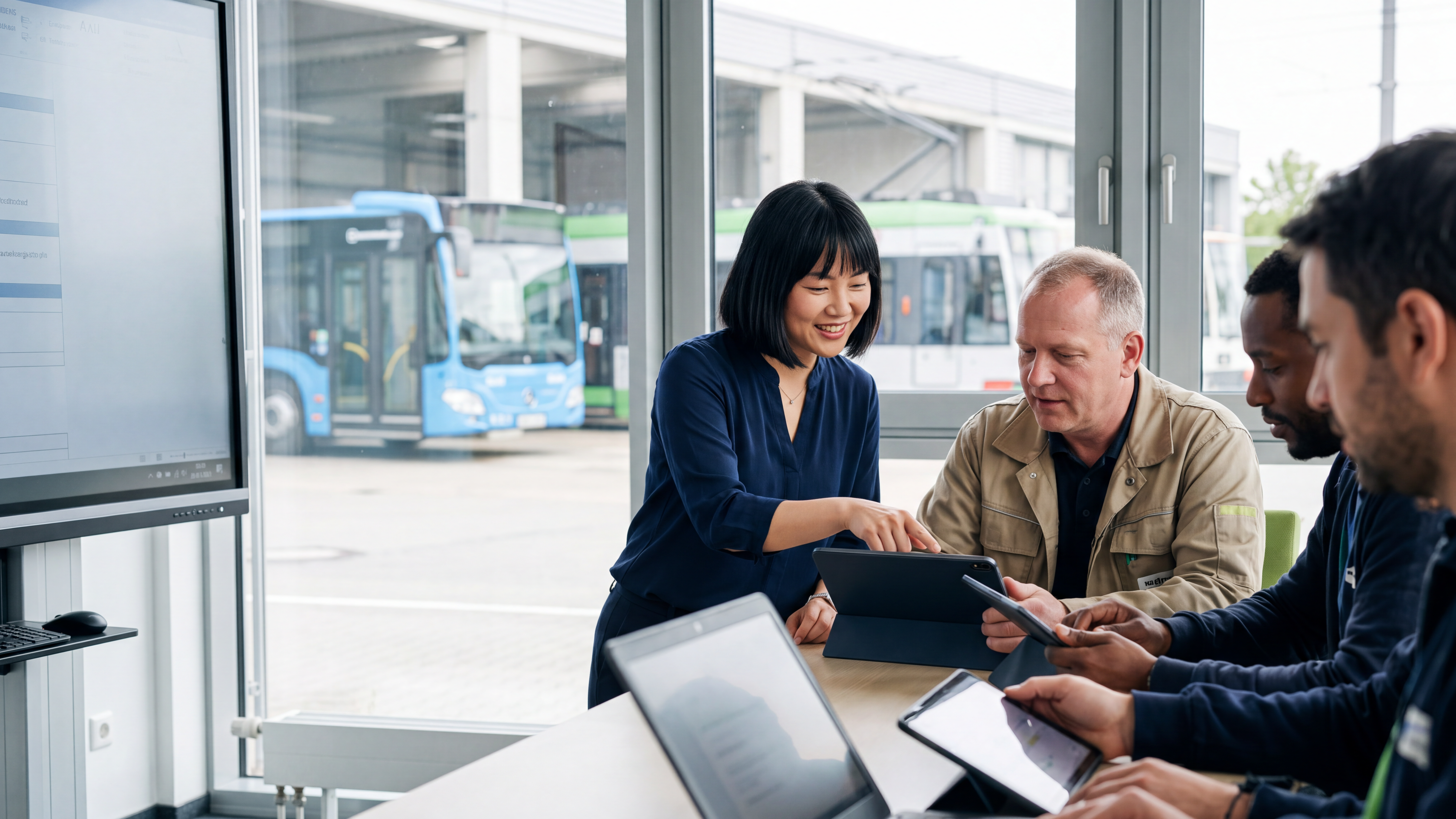 Lernsituation in einem modernen Büro eine Frau zeigt 3 Männern, die an Laptops und Tablets arbeiten etwas, im Hintergrund der Betriebshof eines Verkehrsunternehmens, wir sehen einen blauen Bus und eine grün weiße Bahn
