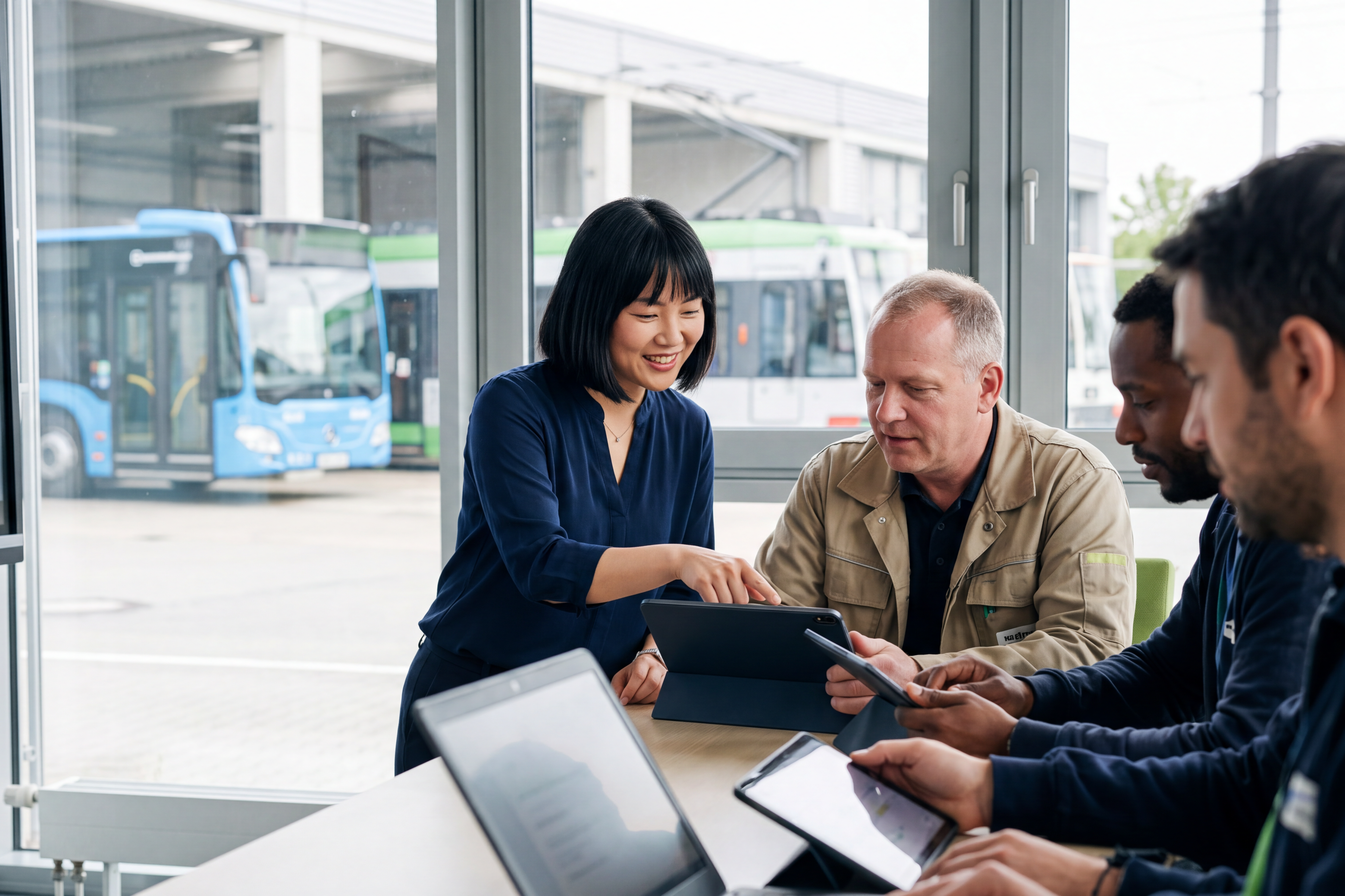 Lernsituation in einem modernen Büro eine Frau zeigt 3 Männern, die an Laptops und Tablets arbeiten etwas, im Hintergrund der Betriebshof eines Verkehrsunternehmens, wir sehen einen blauen Bus und eine grün weiße Bahn