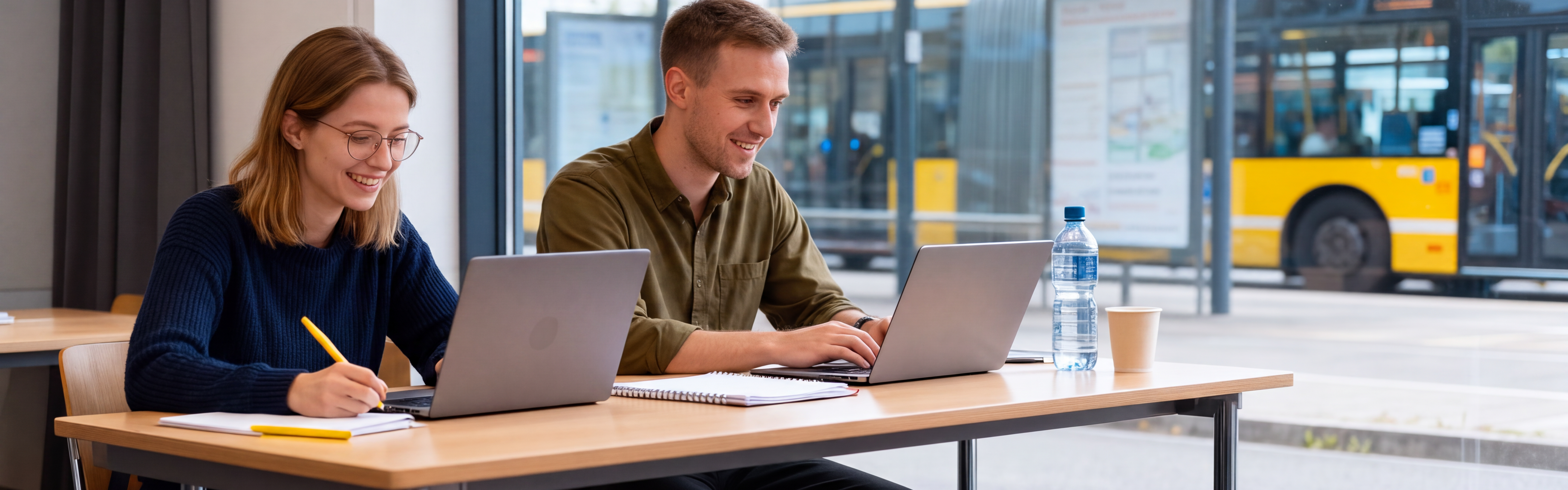 Eine Frau und ein Mann sitzen jeweils an einem Laptop und lächeln, im Hintergrund eine Bushaltestelle und ein moderner gelber Bus