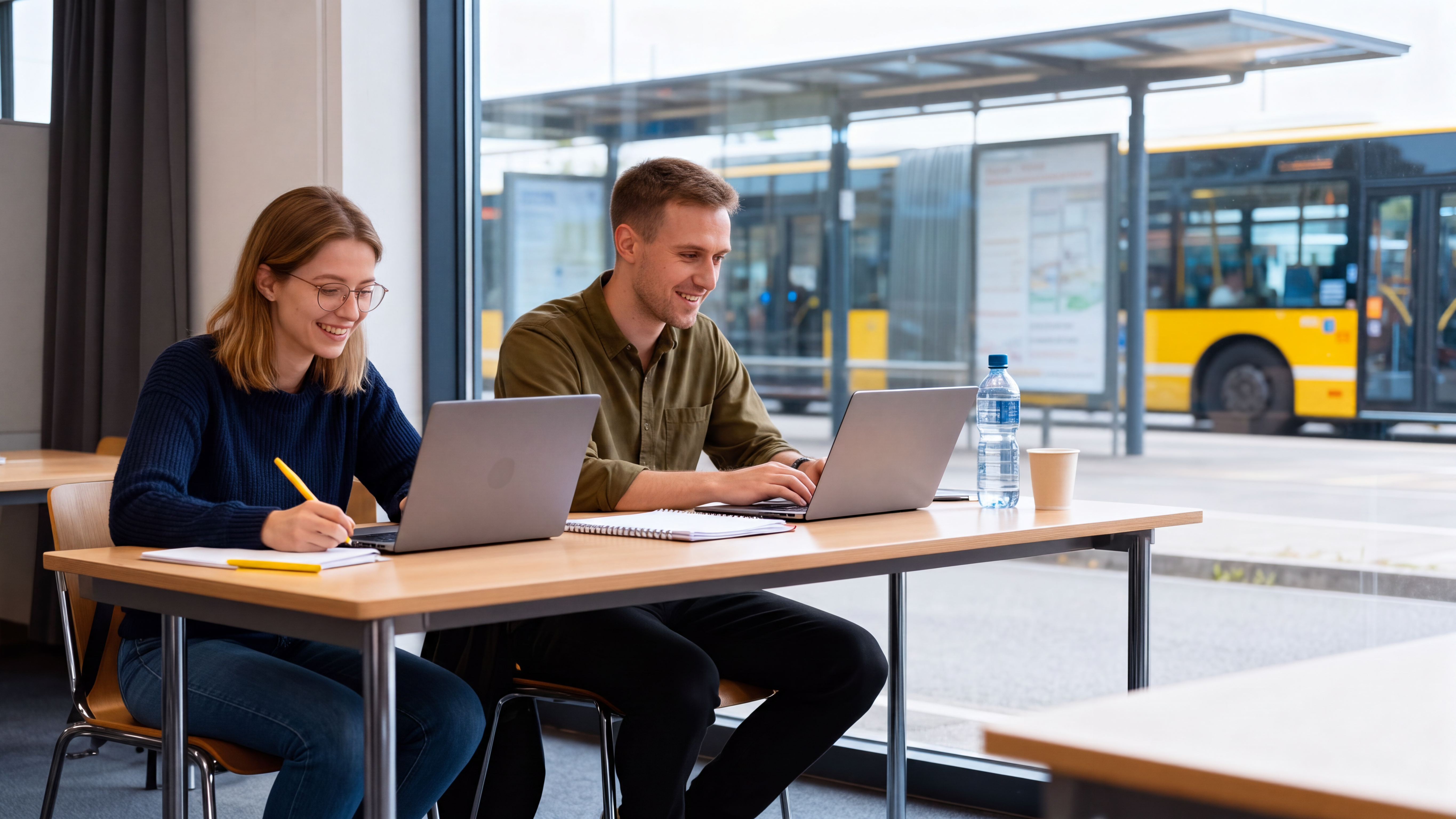 Eine Frau und ein Mann sitzen jeweils an einem Laptop und lächeln, im Hintergrund eine Bushaltestelle und ein moderner gelber Bus