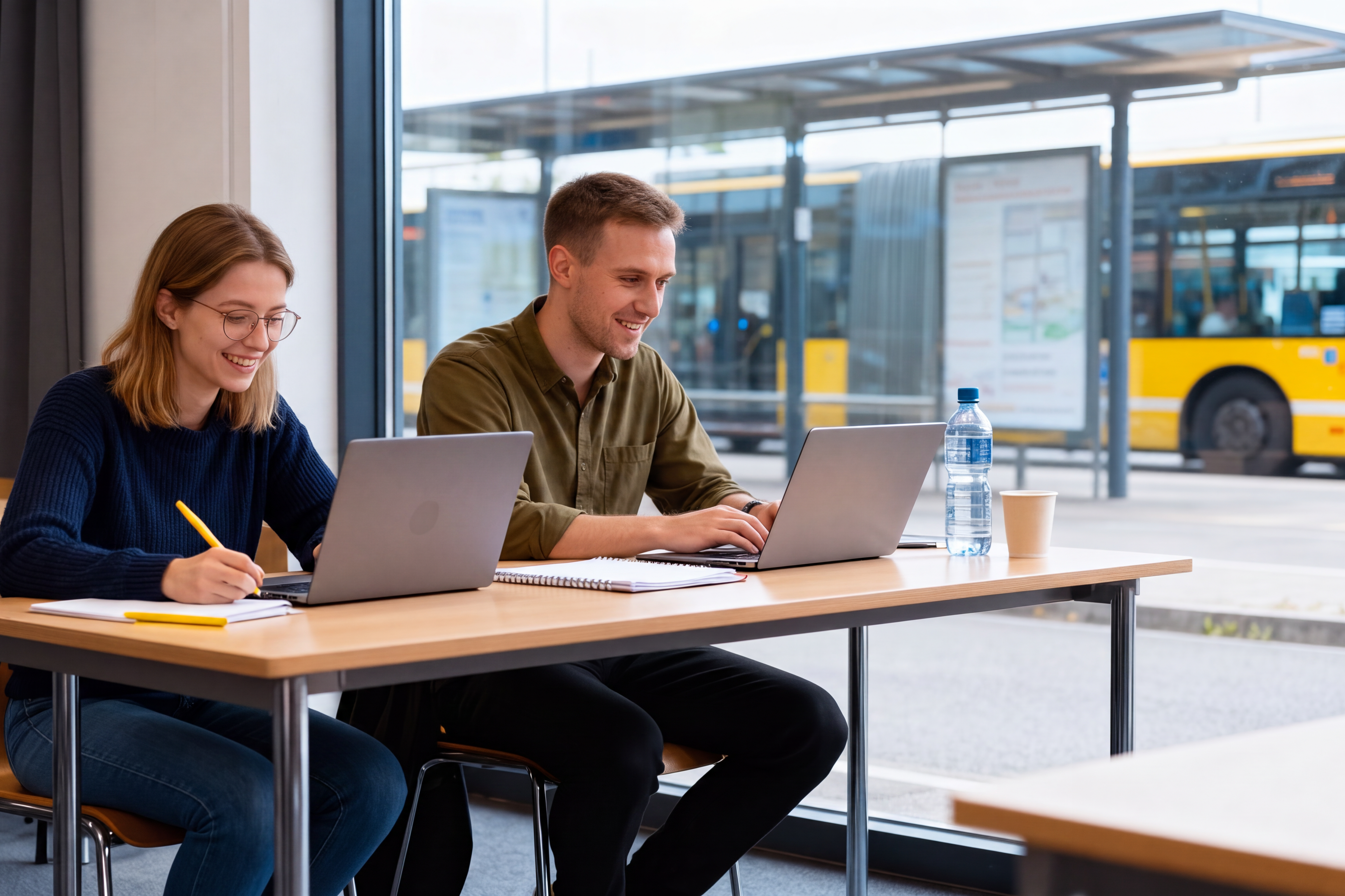 Eine Frau und ein Mann sitzen jeweils an einem Laptop und lächeln, im Hintergrund eine Bushaltestelle und ein moderner gelber Bus