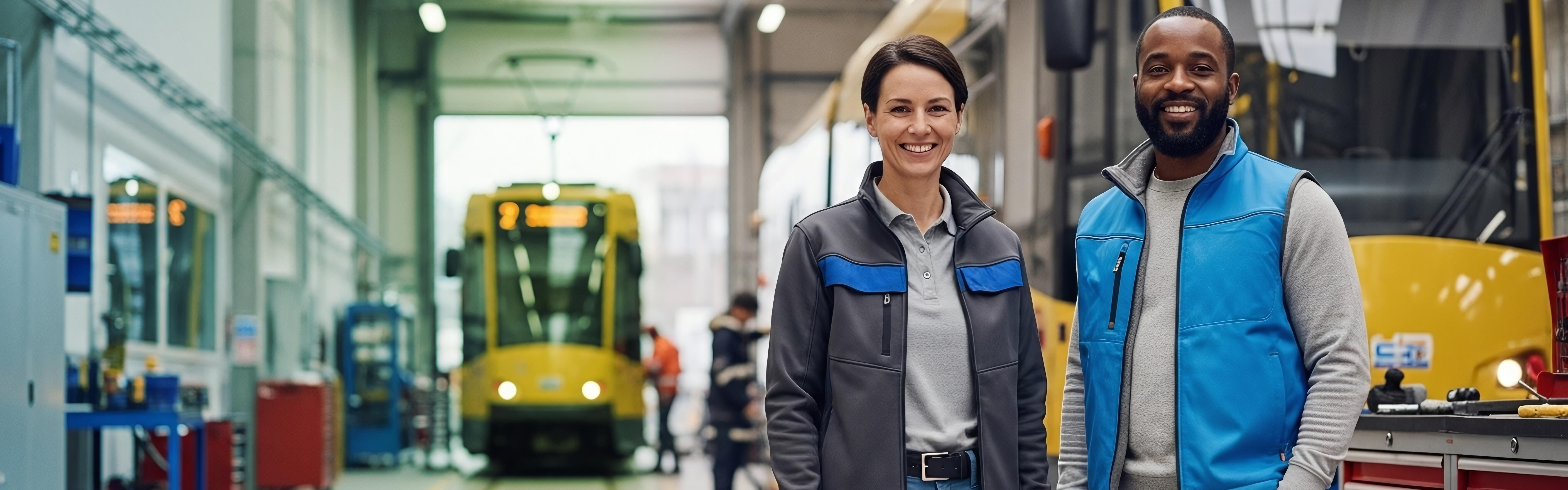 Frau und Mann in Werkhalle vor gelben Straßenbahnen