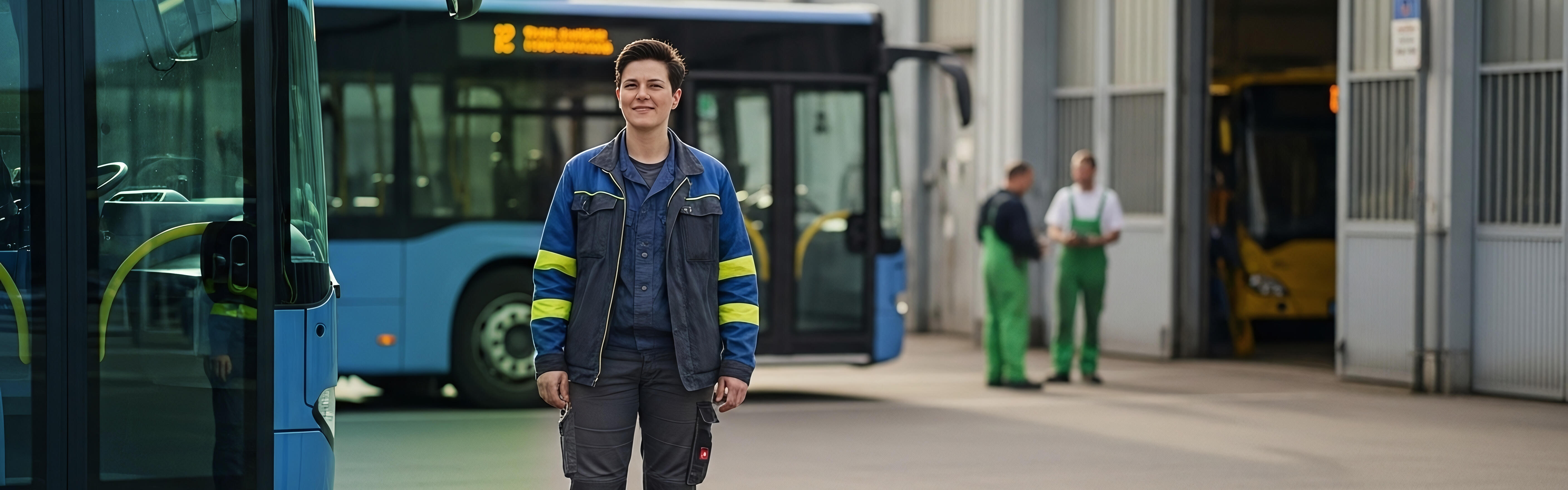 Frau steht vor blauen Bus im Busdepot