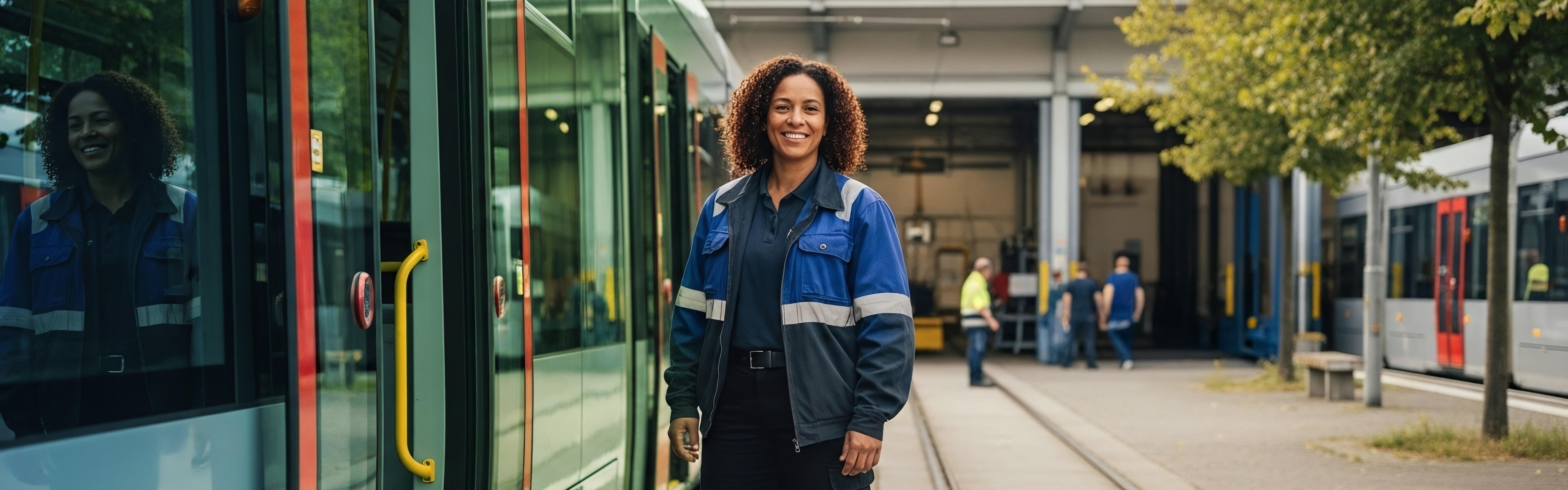 Eine Bahnfahrerin neben einer rot weißen Straßenbahn im Betriebshof