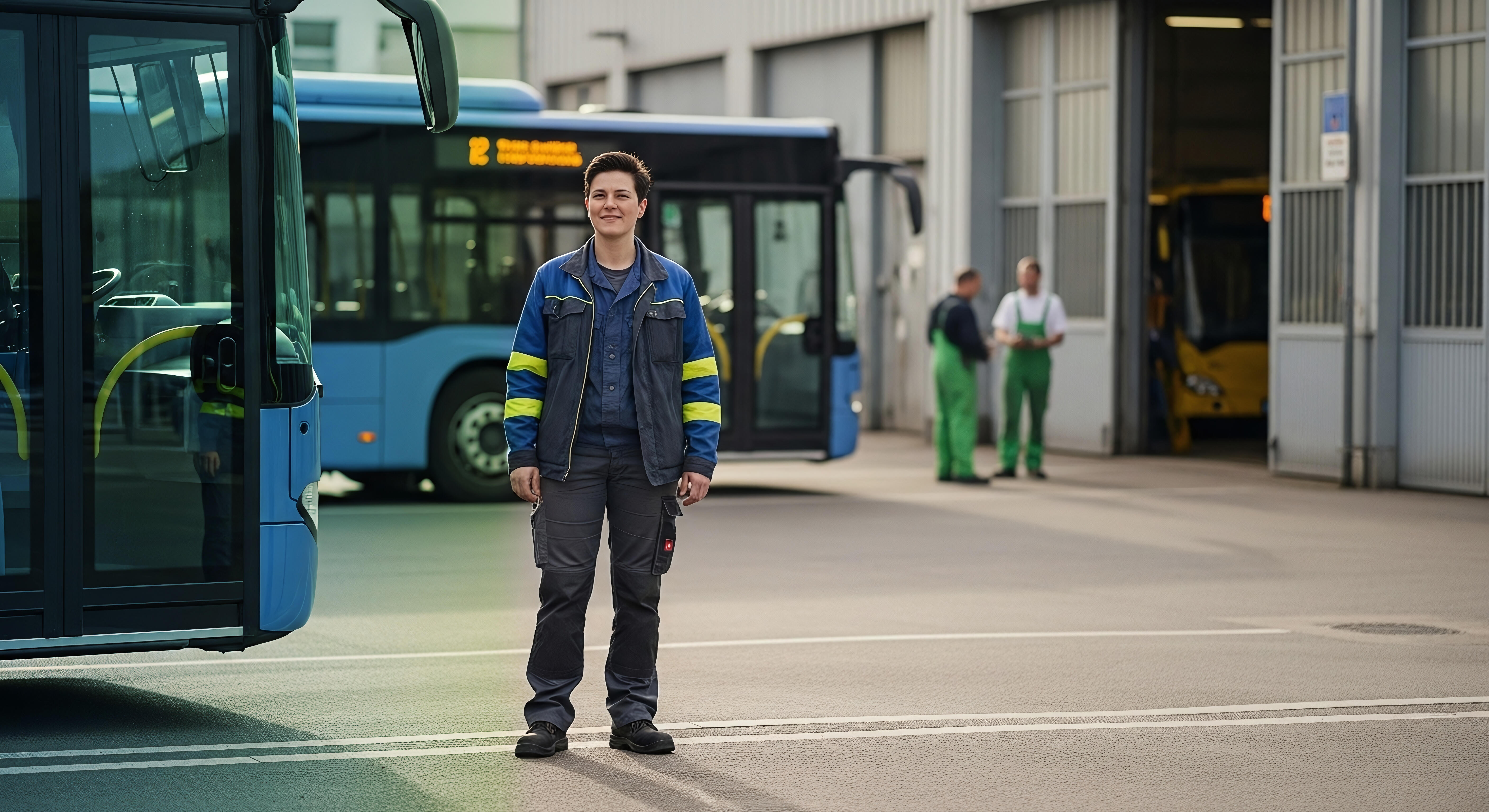 Frau steht vor blauen Bus im Busdepot