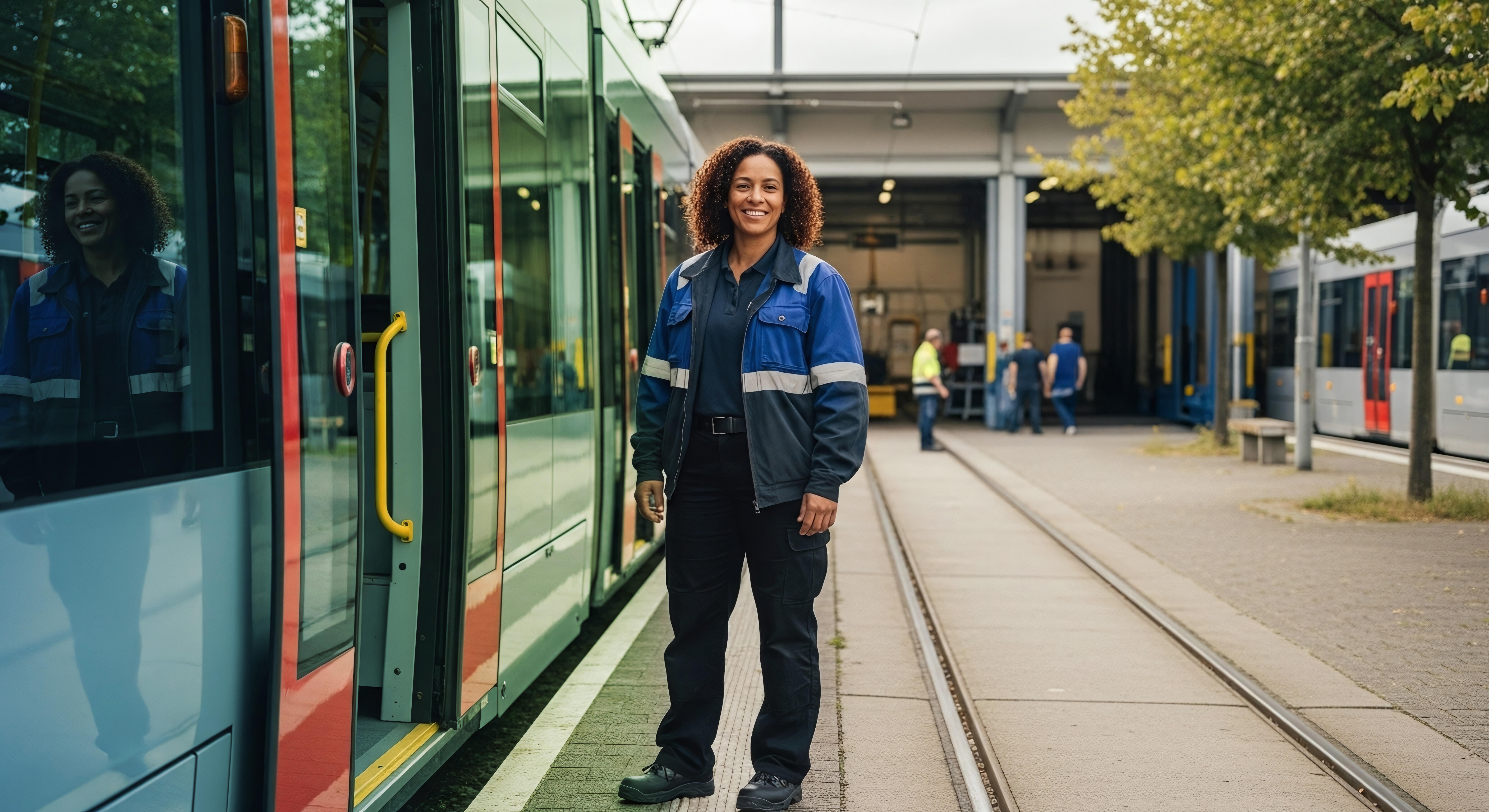 Eine Bahnfahrerin neben einer rot weißen Straßenbahn im Betriebshof