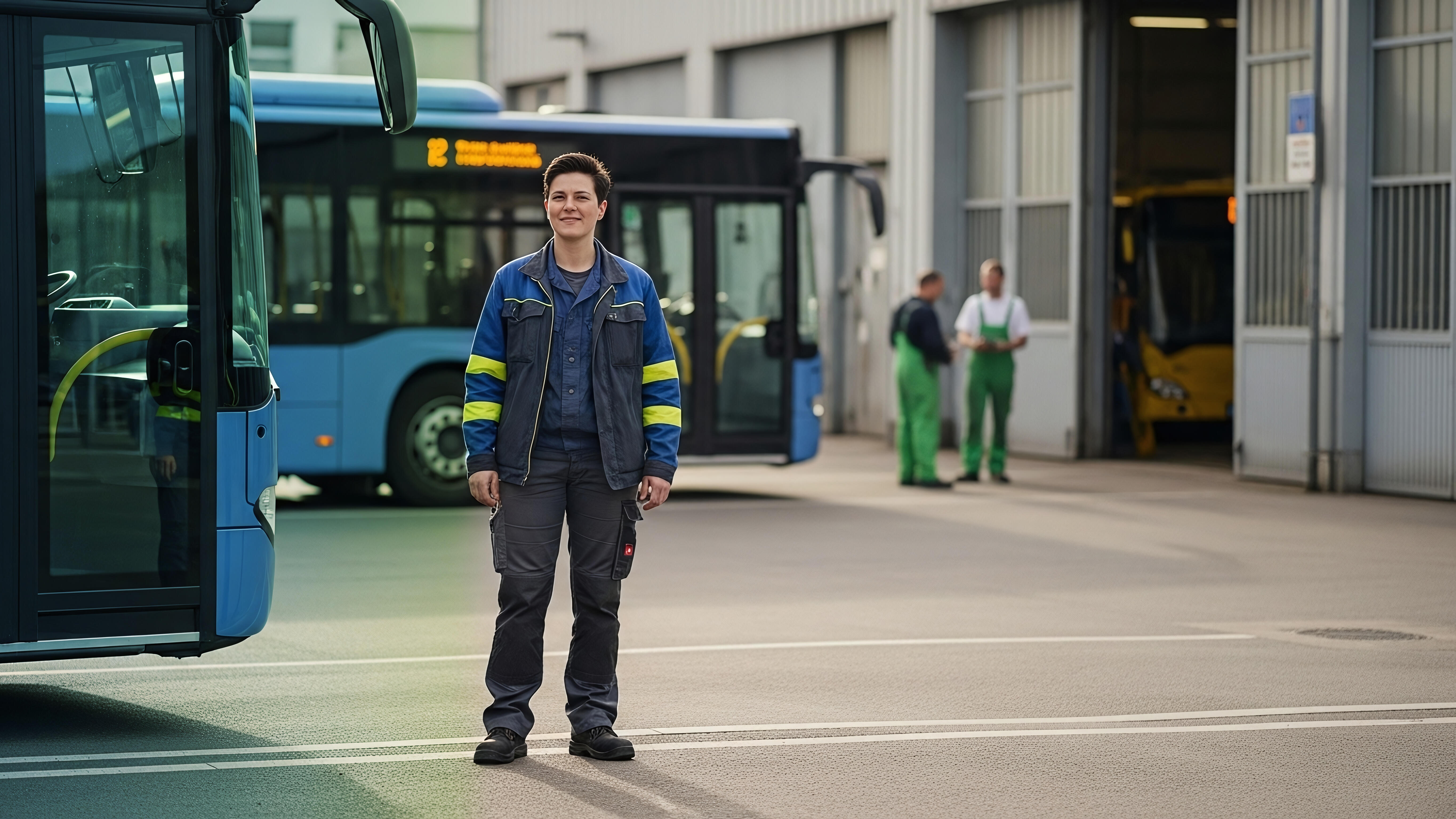 Frau steht vor blauen Bus im Busdepot