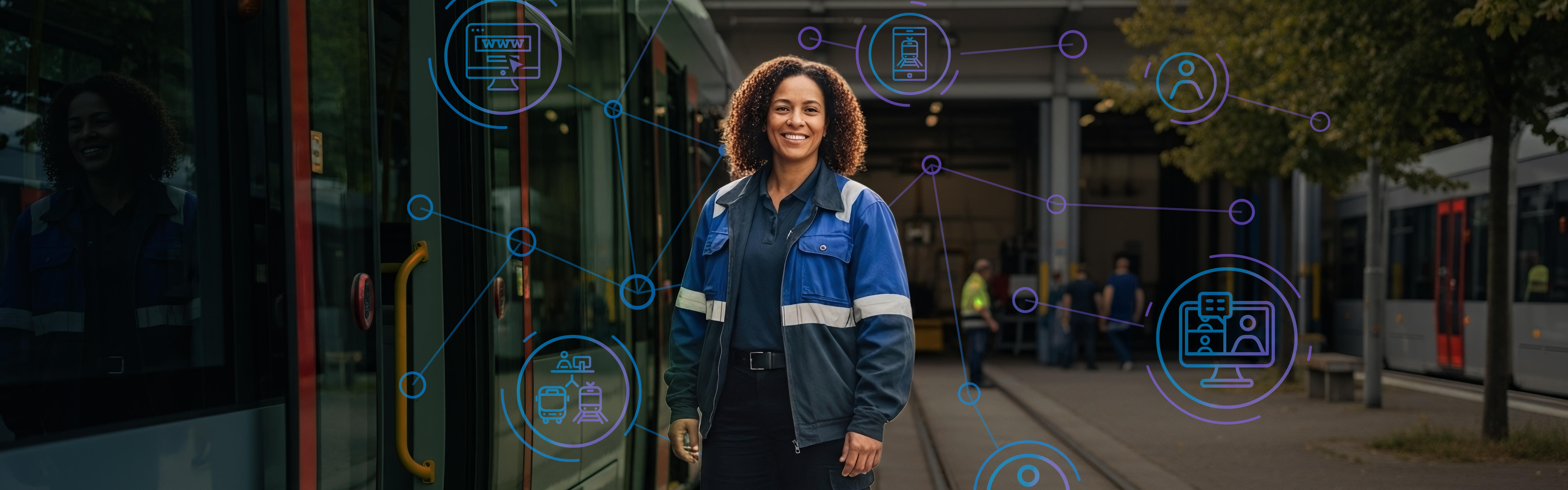 Frau vor moderner Straßenbahn