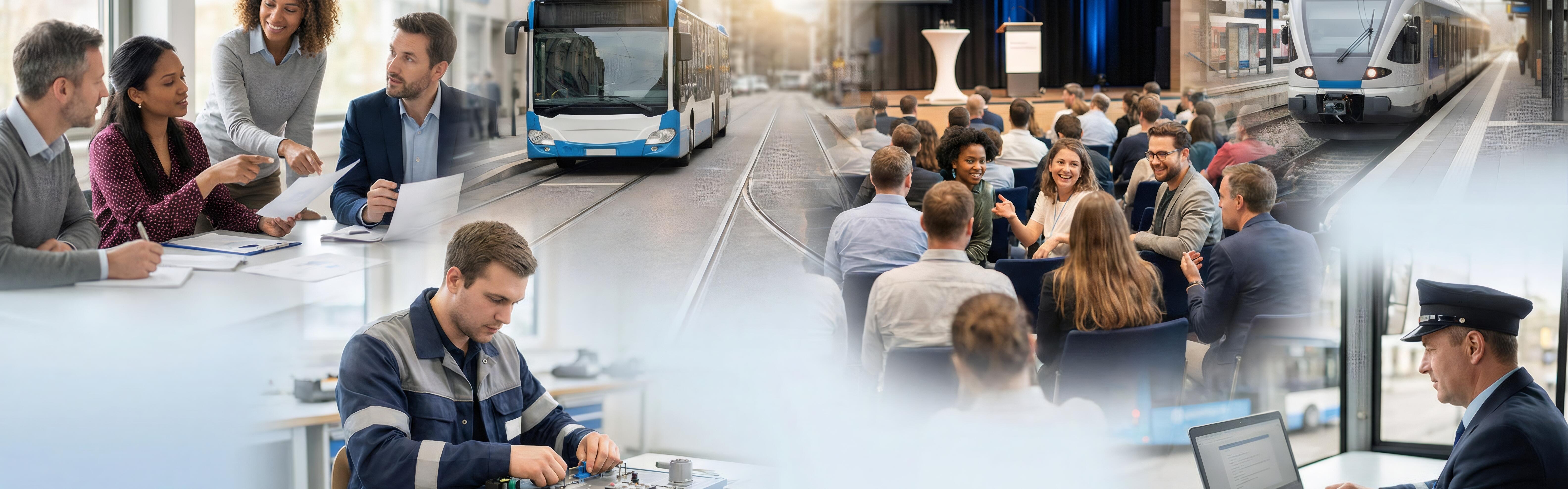 Bildcollage aus verschiedenen Lernsituationen und einem Bus und einer S-Bahn