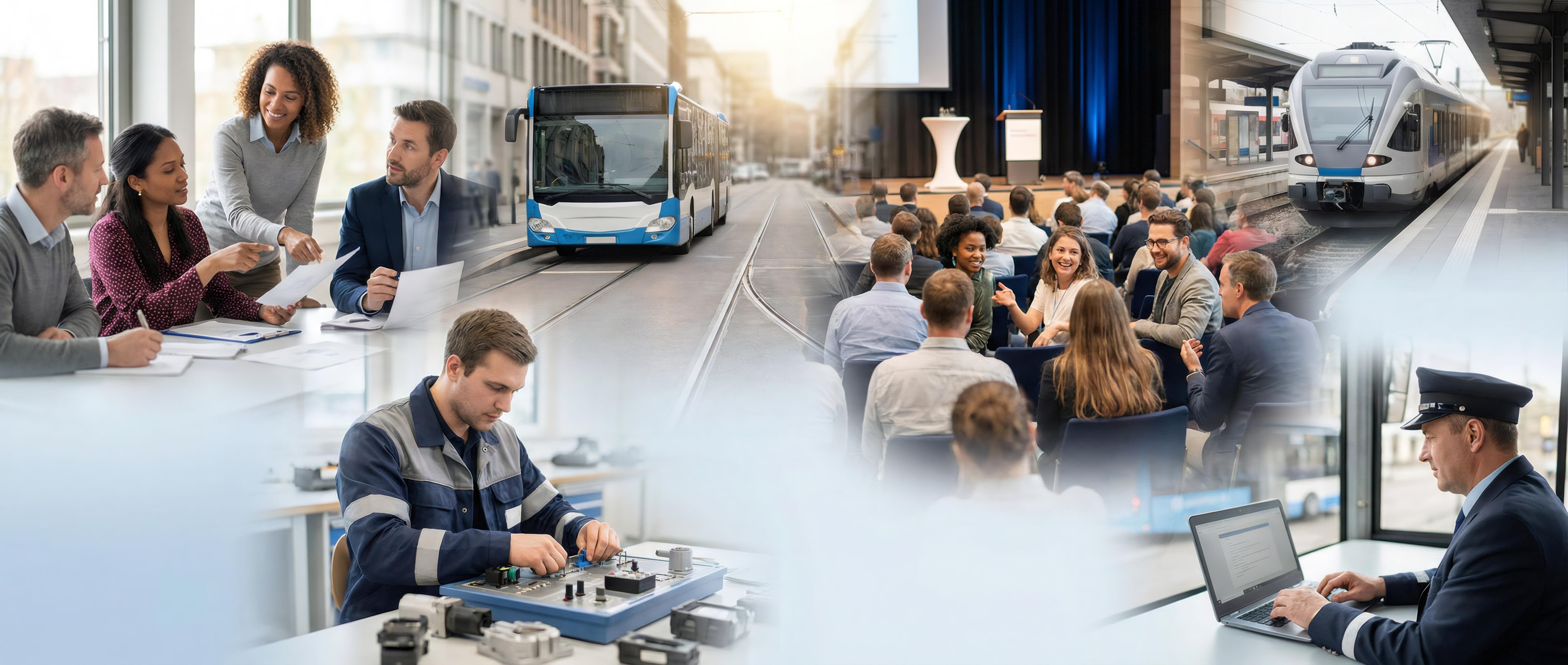 Bildcollage aus verschiedenen Lernsituationen und einem Bus und einer S-Bahn