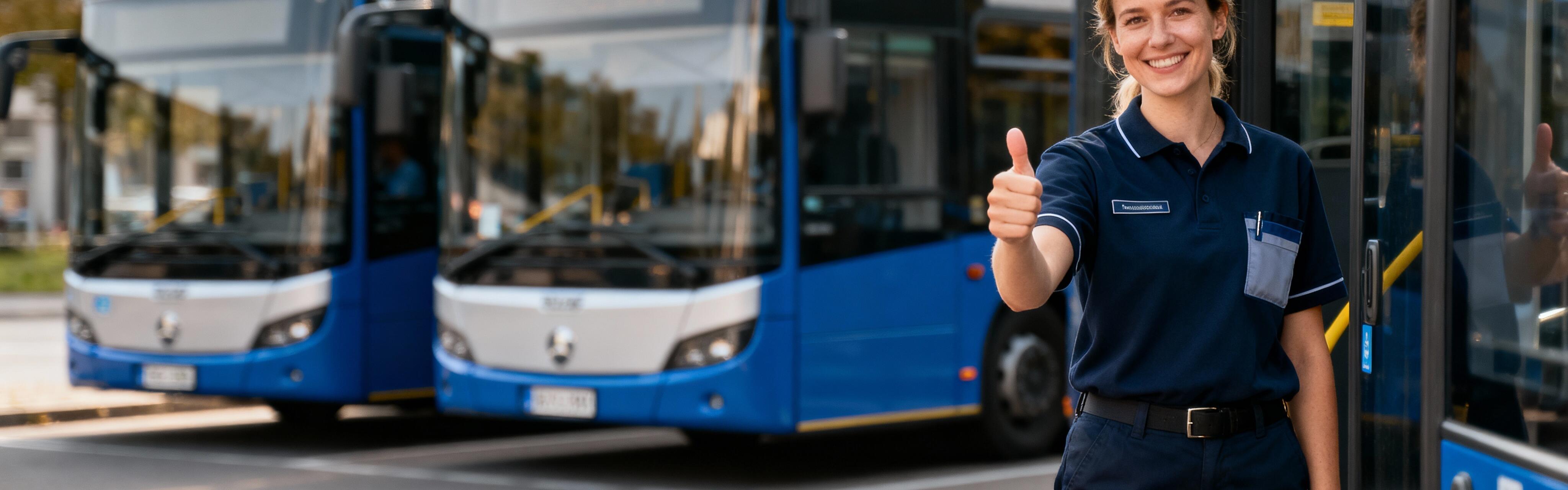 Eine Frau zeigt eine Daumen hoch geste, sie steht neben einem silber-blauen Bus, hinter ihr stehen noch zwei weitere Busse