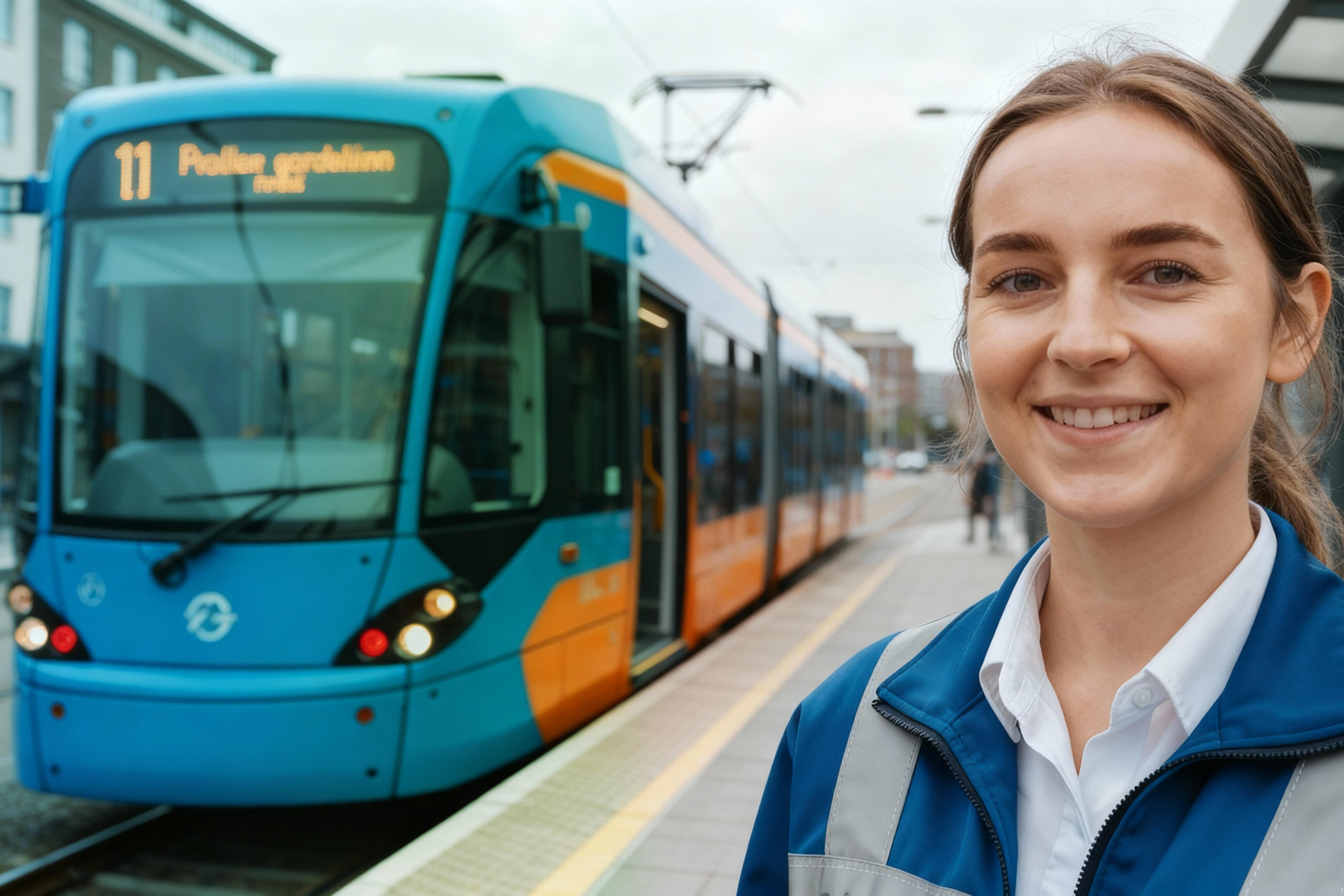 Frau vor Straßenbahn