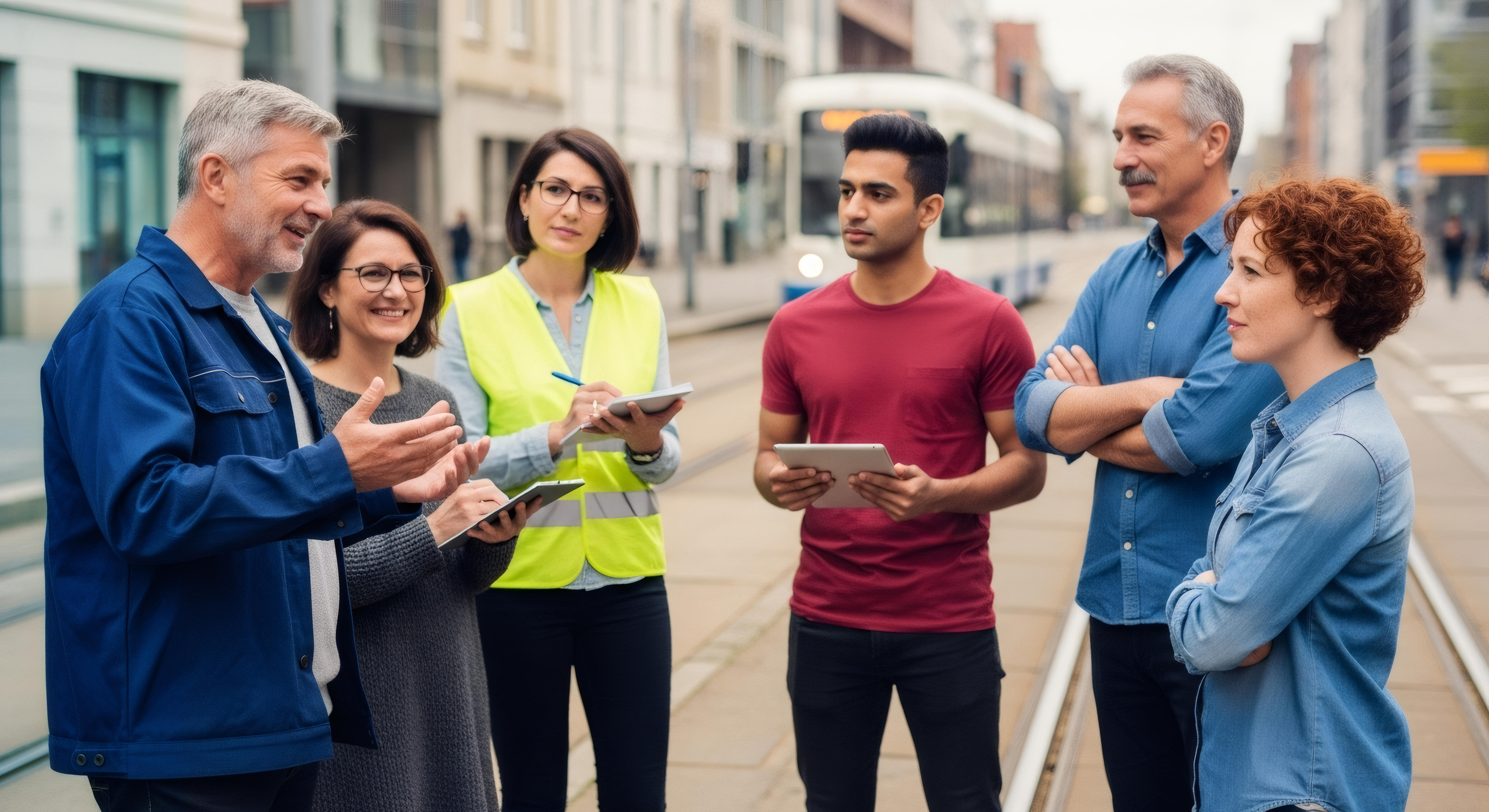 6 Menschen unterhalten sich und machen Notizen vor einer Straßenbahn