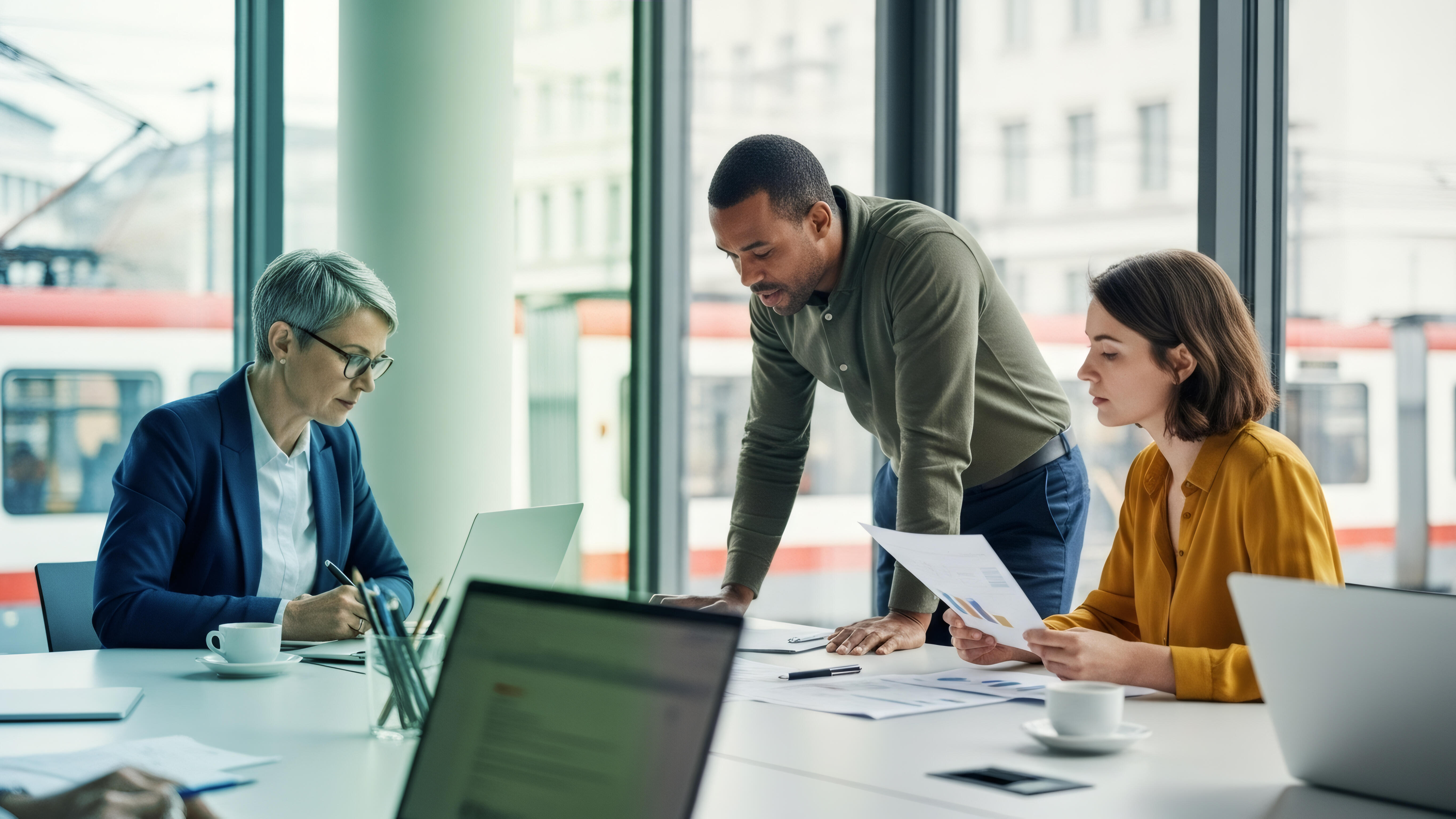 Zwei Frauen und ein Mann in einem modernen Büro