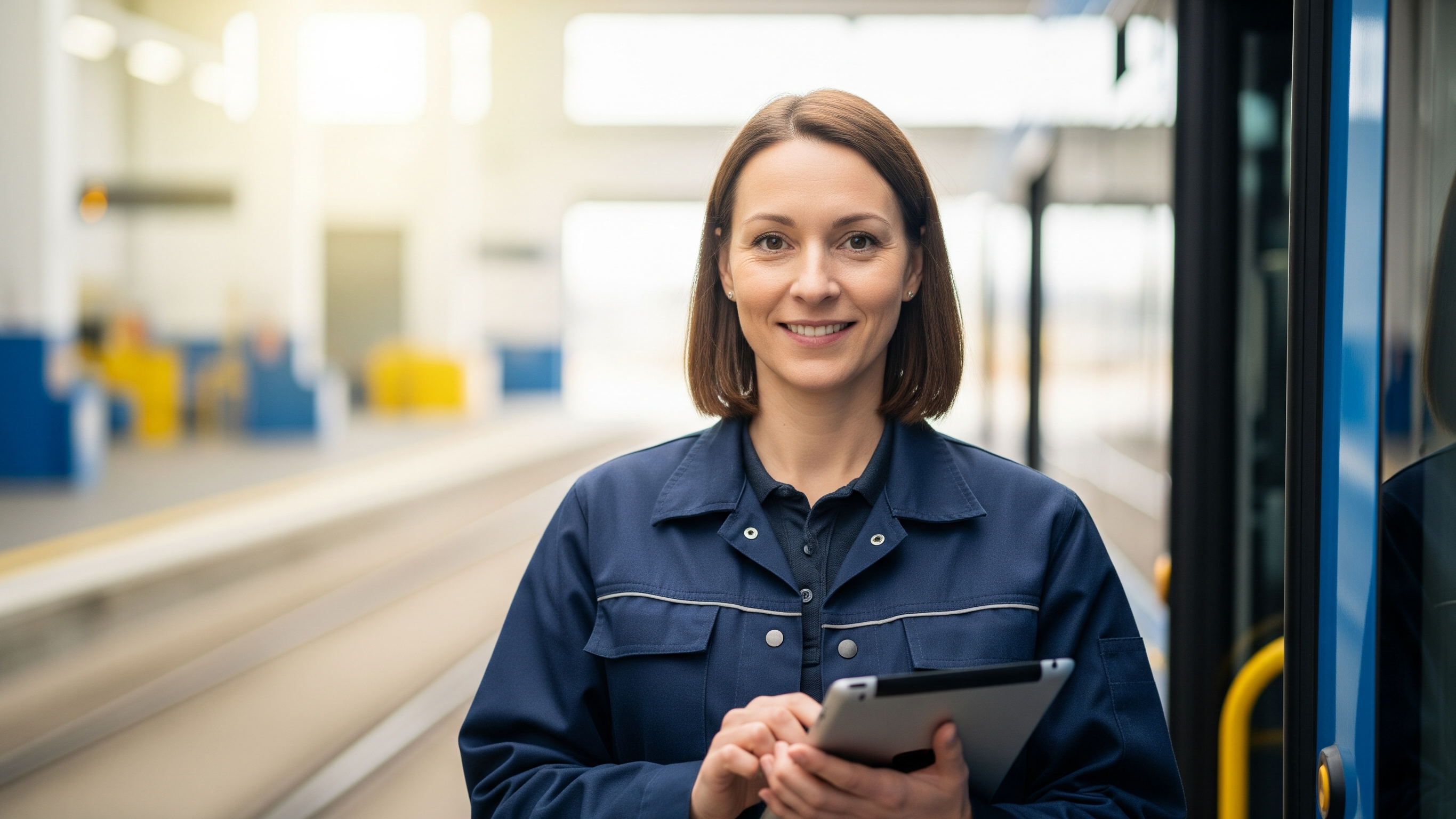 Frau mit Tablet-PC in der Hand in einer Betriebshalle, rechts neben ihr eine Straßenbahn