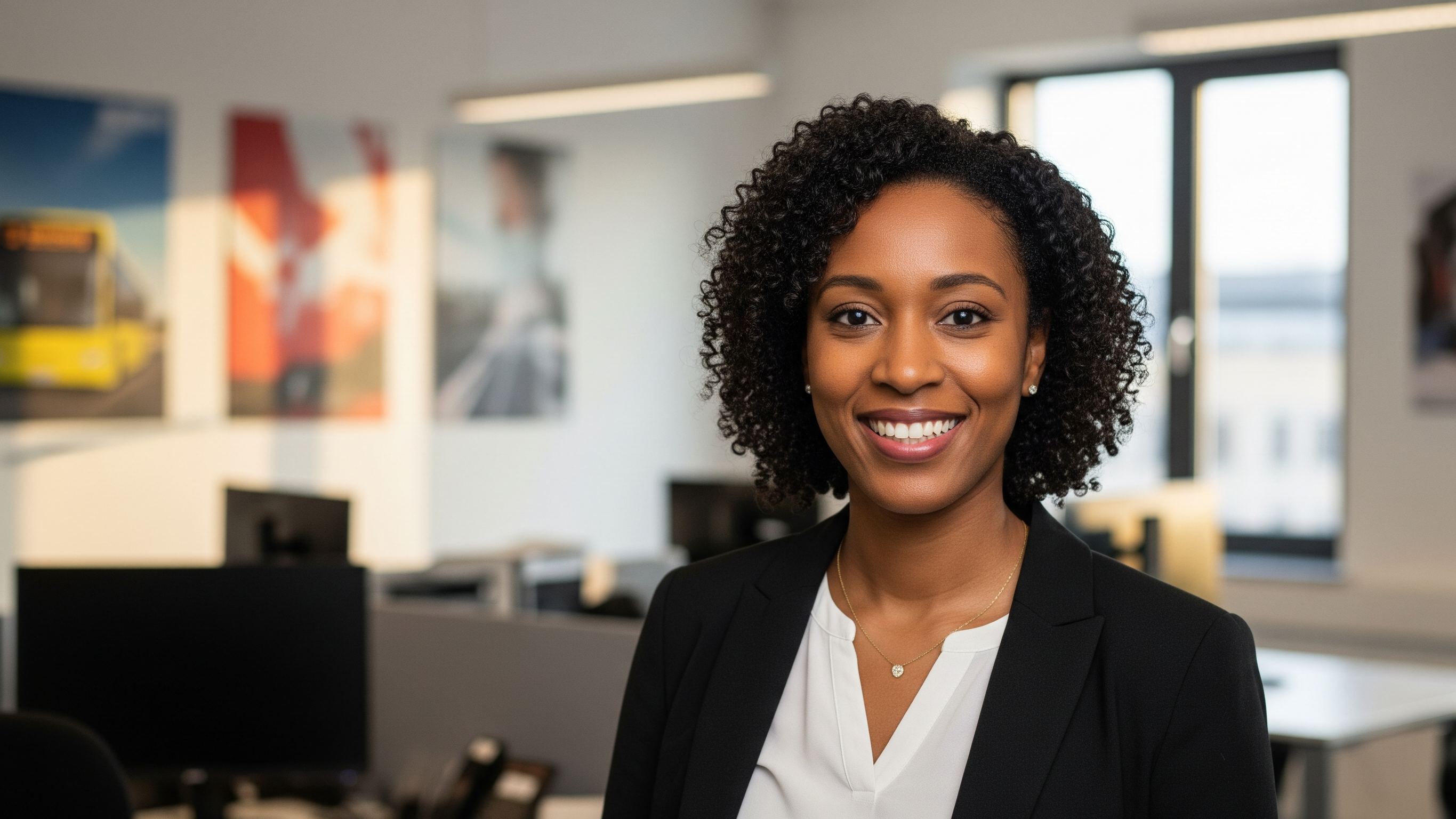 Eine junge Frau in einem Büro, hinter ihr Poster einer ÖPNV-Werbekampagne