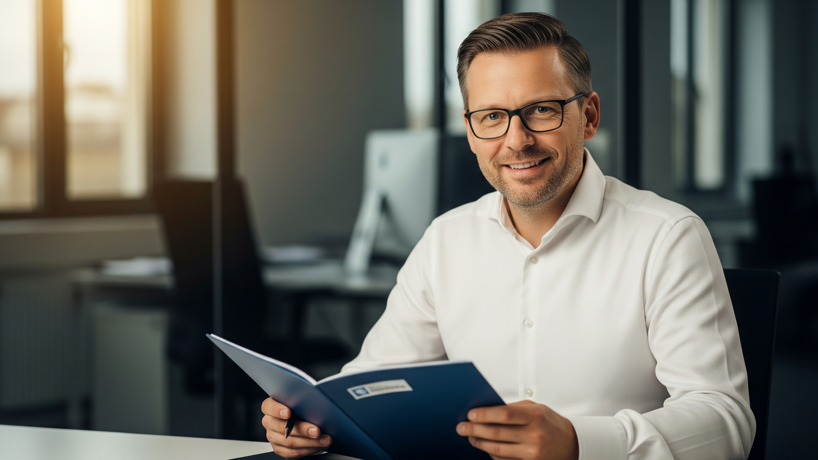 Ein Mann sitz an einem Schreibtisch, mit einer Mappe in der Hand, in einem hellen Büroraum