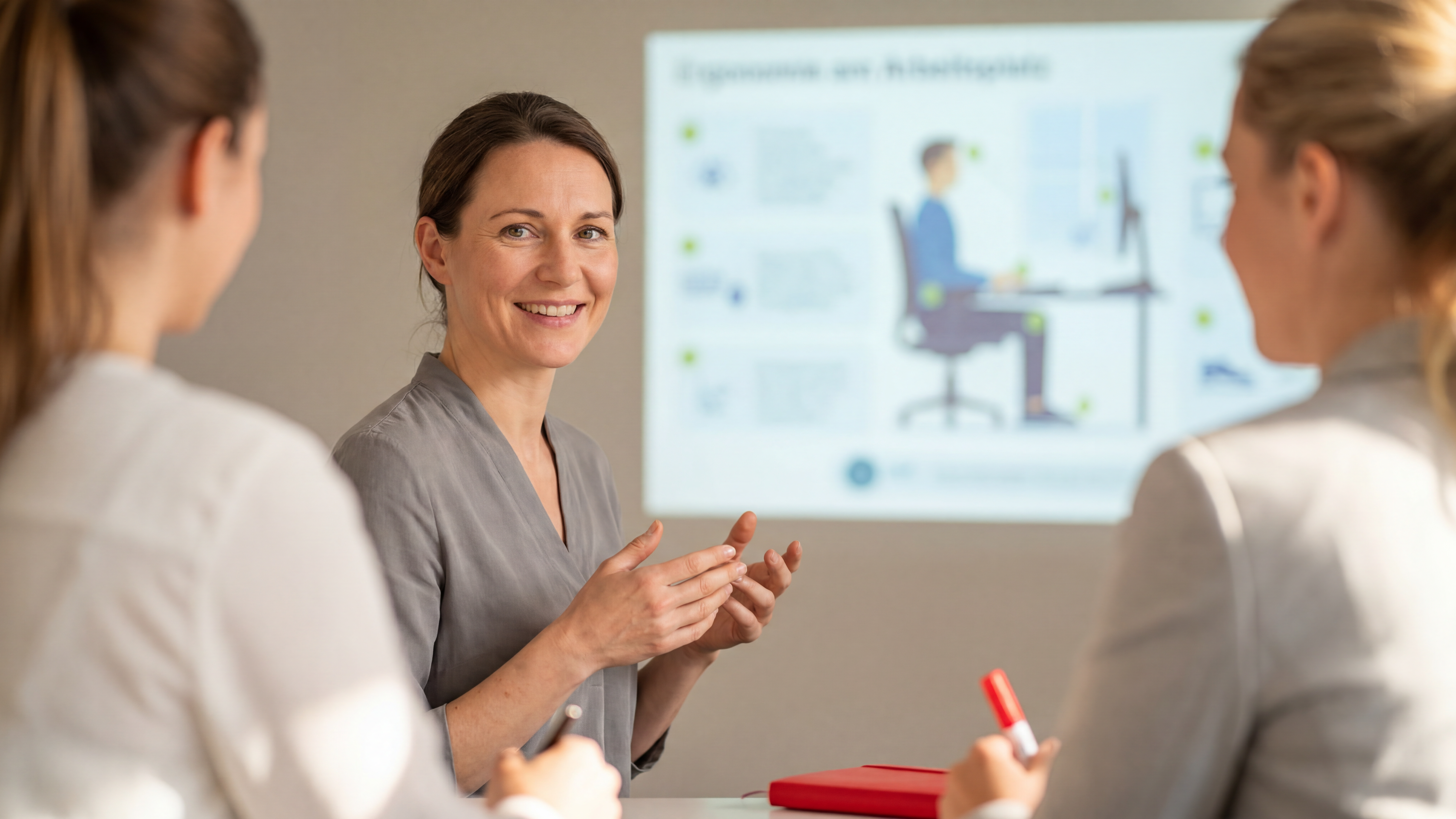 3 weibliche Seminarteilnehmerinnen, Schaubild Ergonomie am Arbeitsplatz an der Wand hinter ihnen