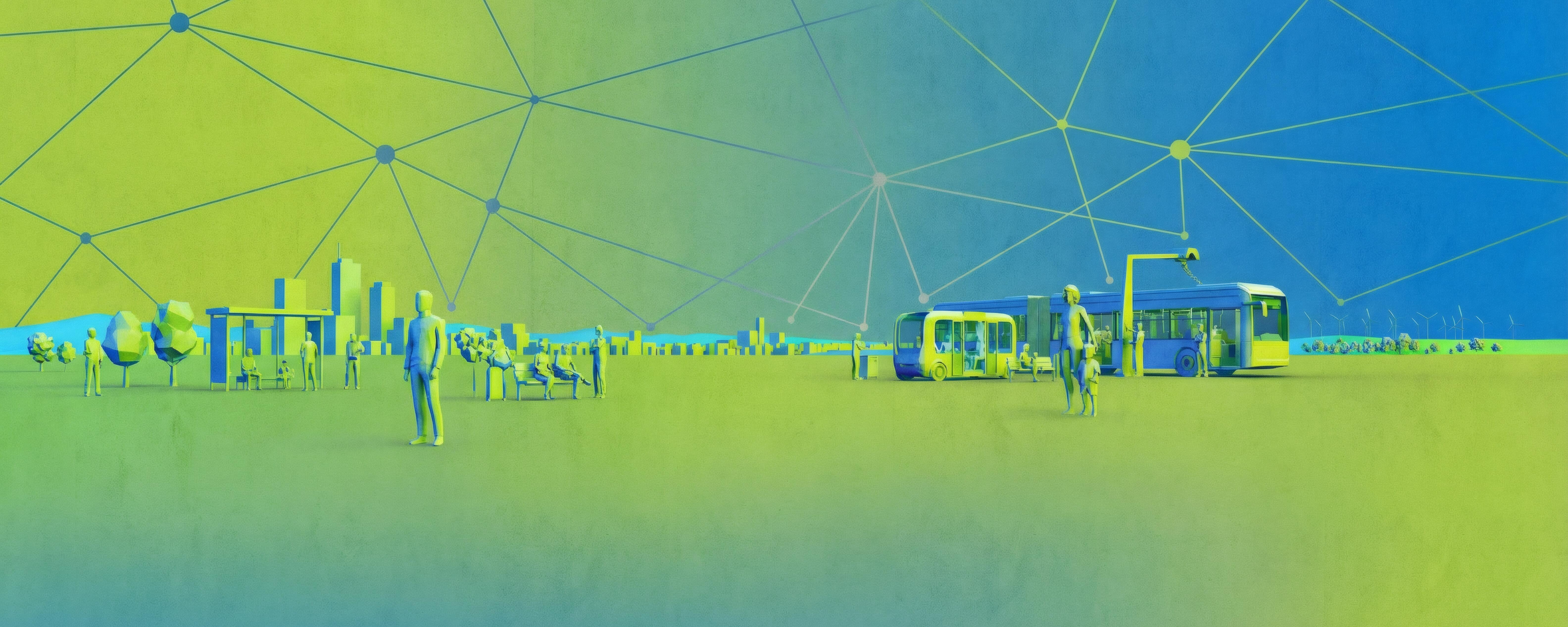 Illustration mit einem Bus, einem Autonomen Shuttle und mehren Personen