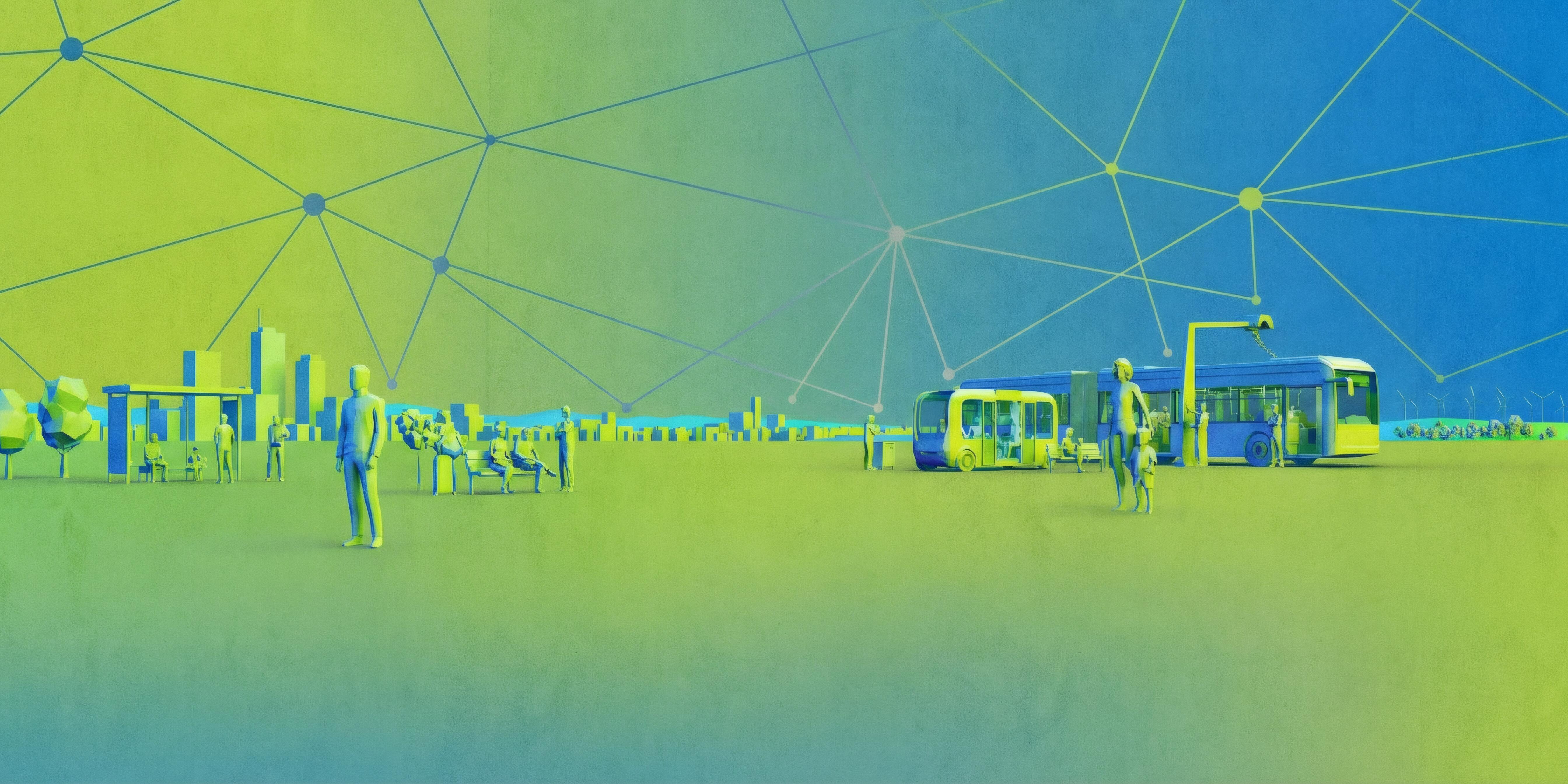 Illustration mit einem Bus, einem Autonomen Shuttle und mehren Personen