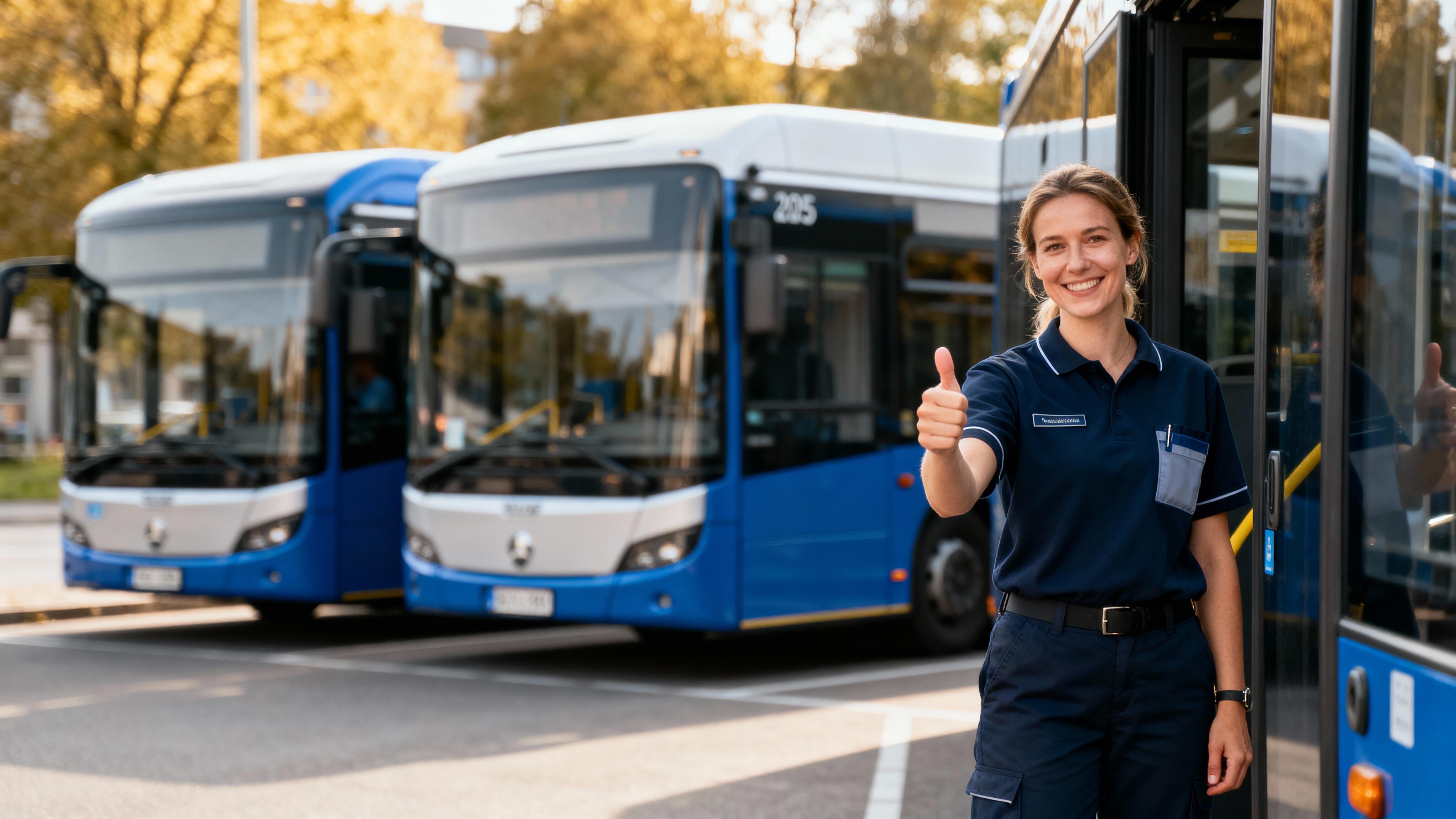 Frau mit Daumen-Hoch Geste vor Bussen