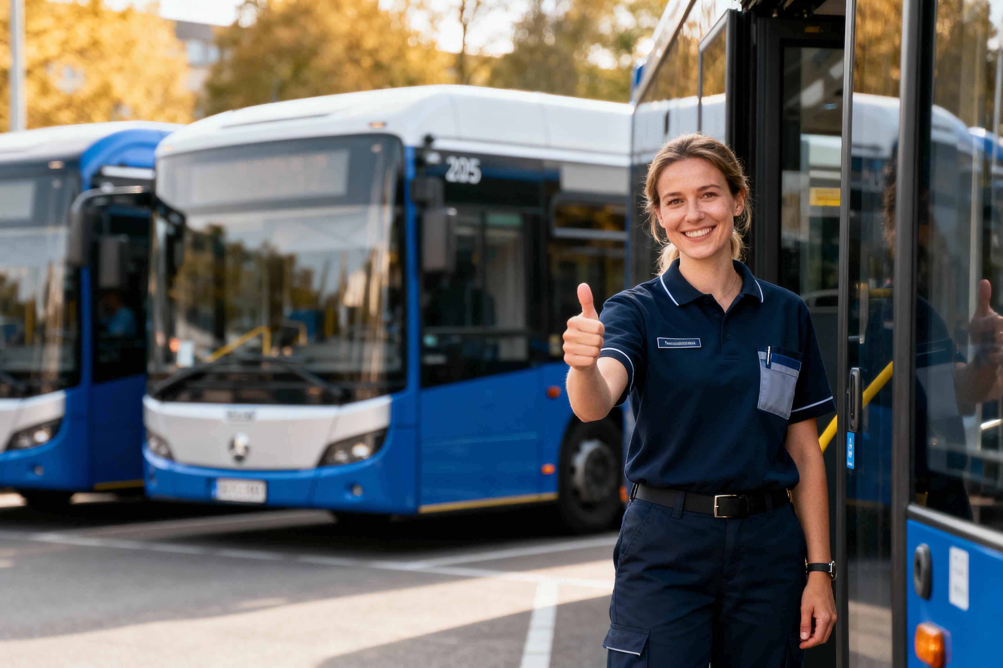Frau mit Daumen-Hoch Geste vor Bussen