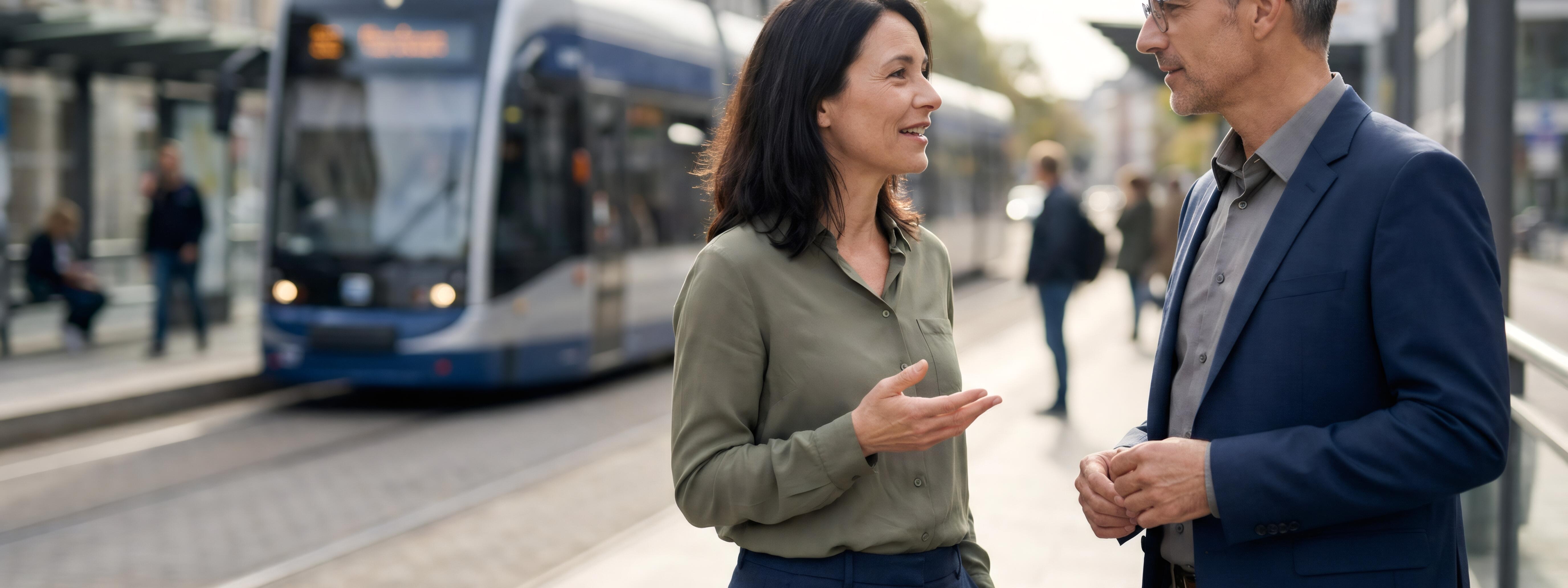Frau und Mann vor einer Straßenbahn