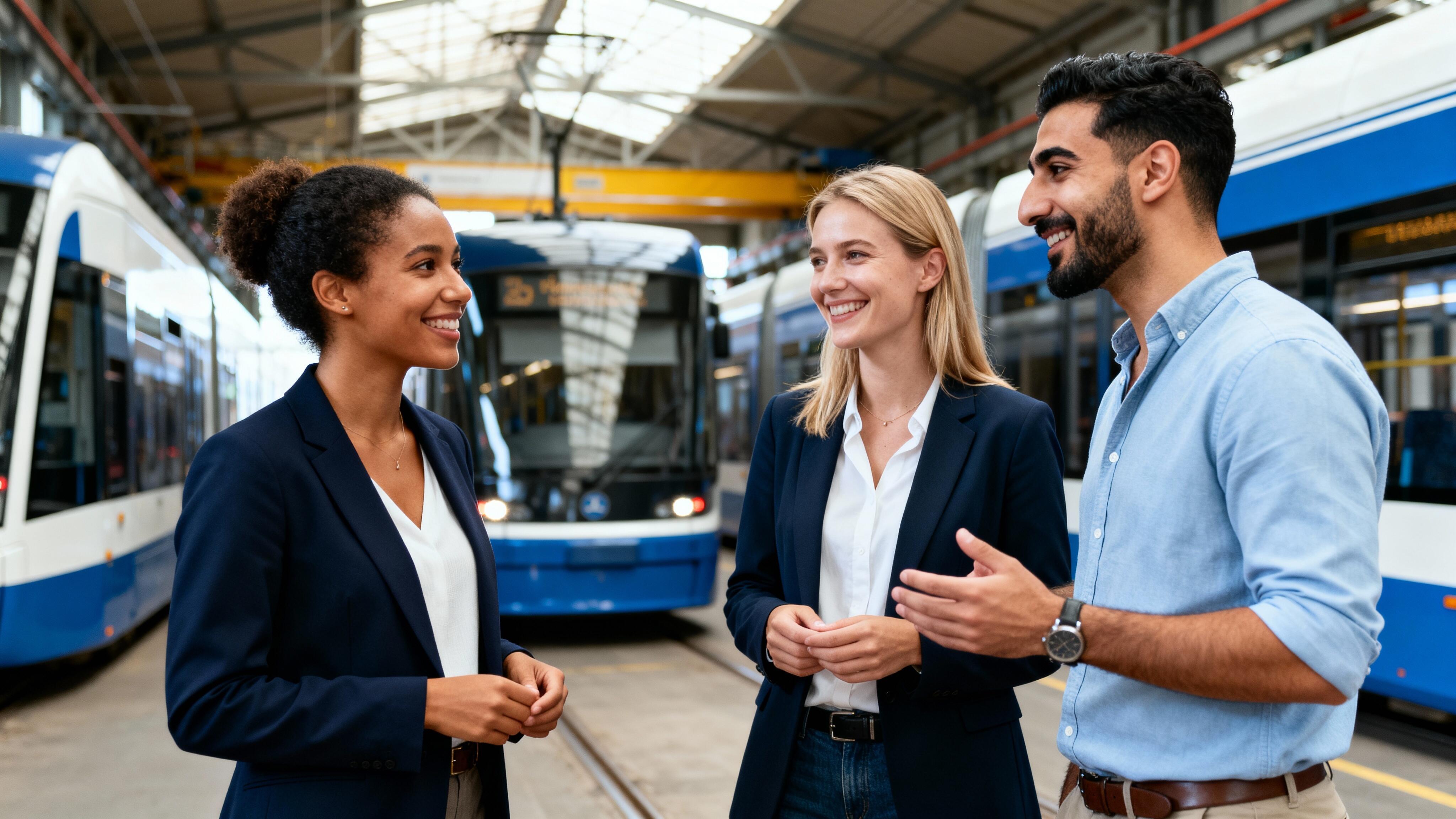 Zwei Frauen, ein Mann in einer Werkhalle für Straßenbahnen