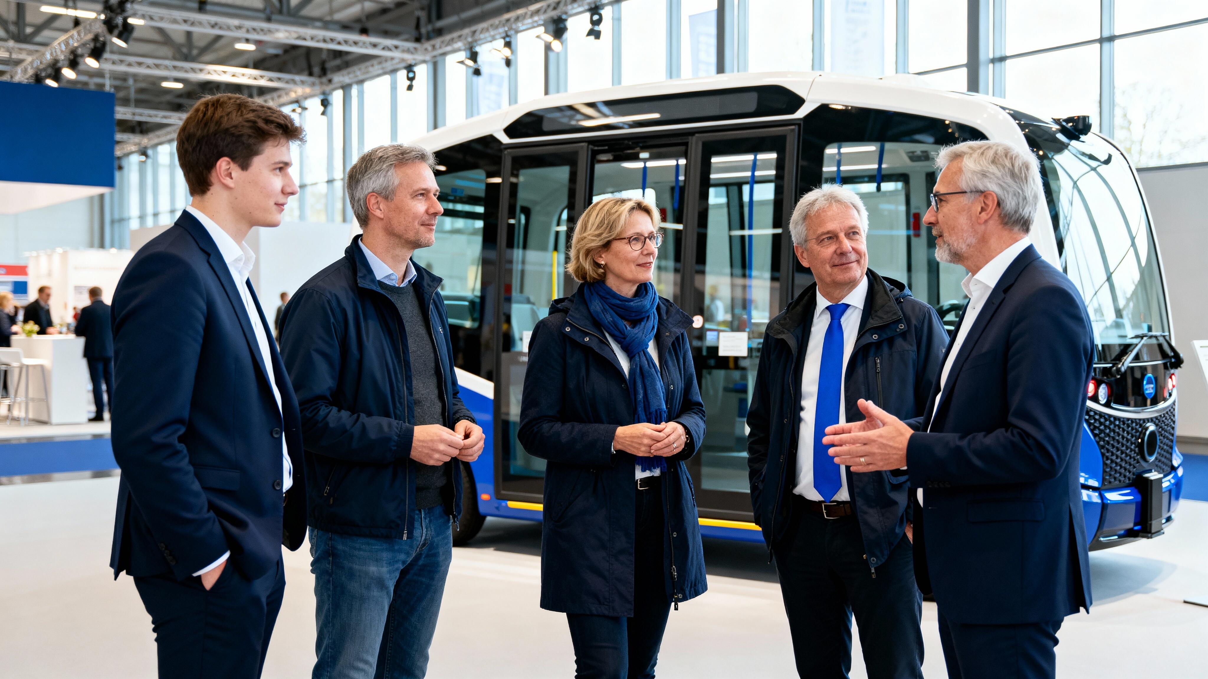 Eine Gruppe Menschen vor einem Autonomen-Bus