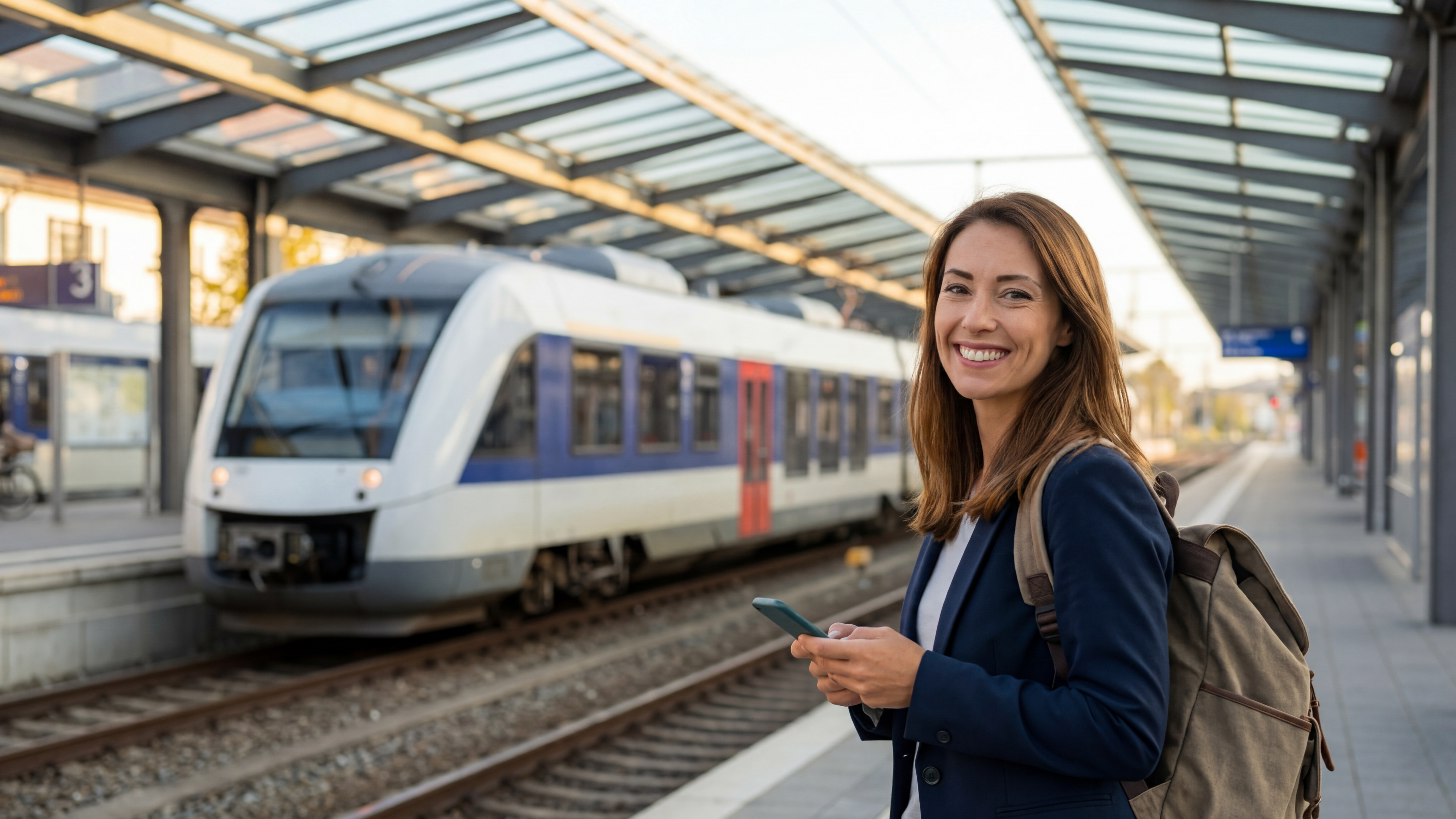 Eine junge Frau steht an einem Bahnsteig, sie hält ein Mobiltelefon in der Hand, im Hintergrund moderner Zug