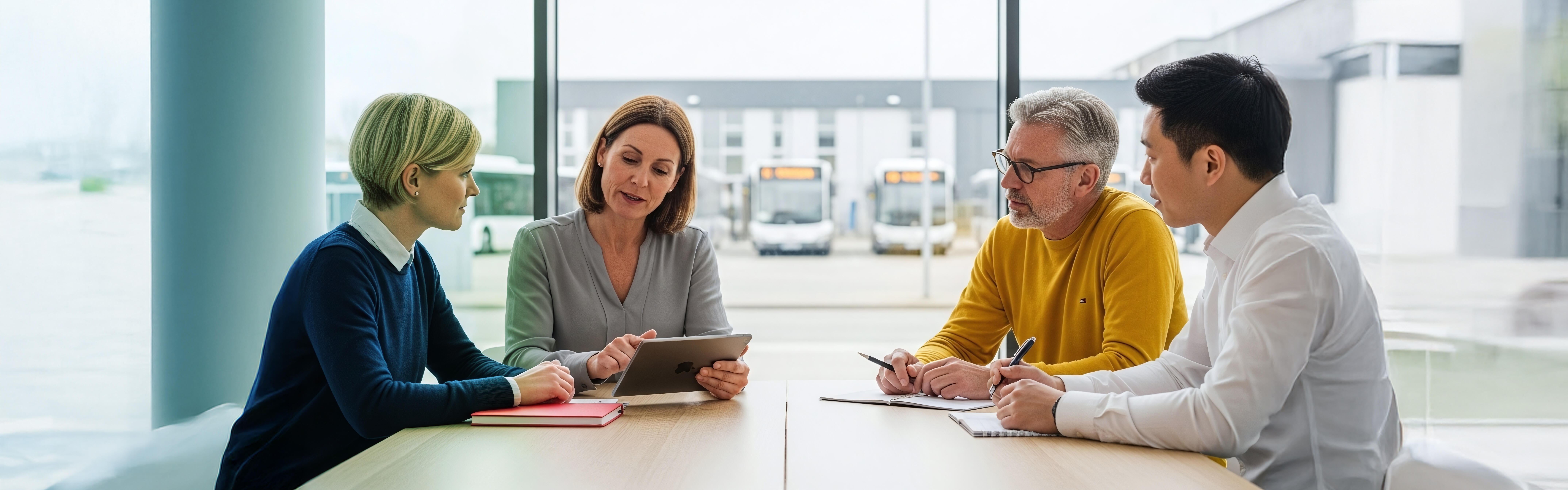 Zwei Frauen, zwei Männer sitzen in einem Konferenzraum und besprechen sich