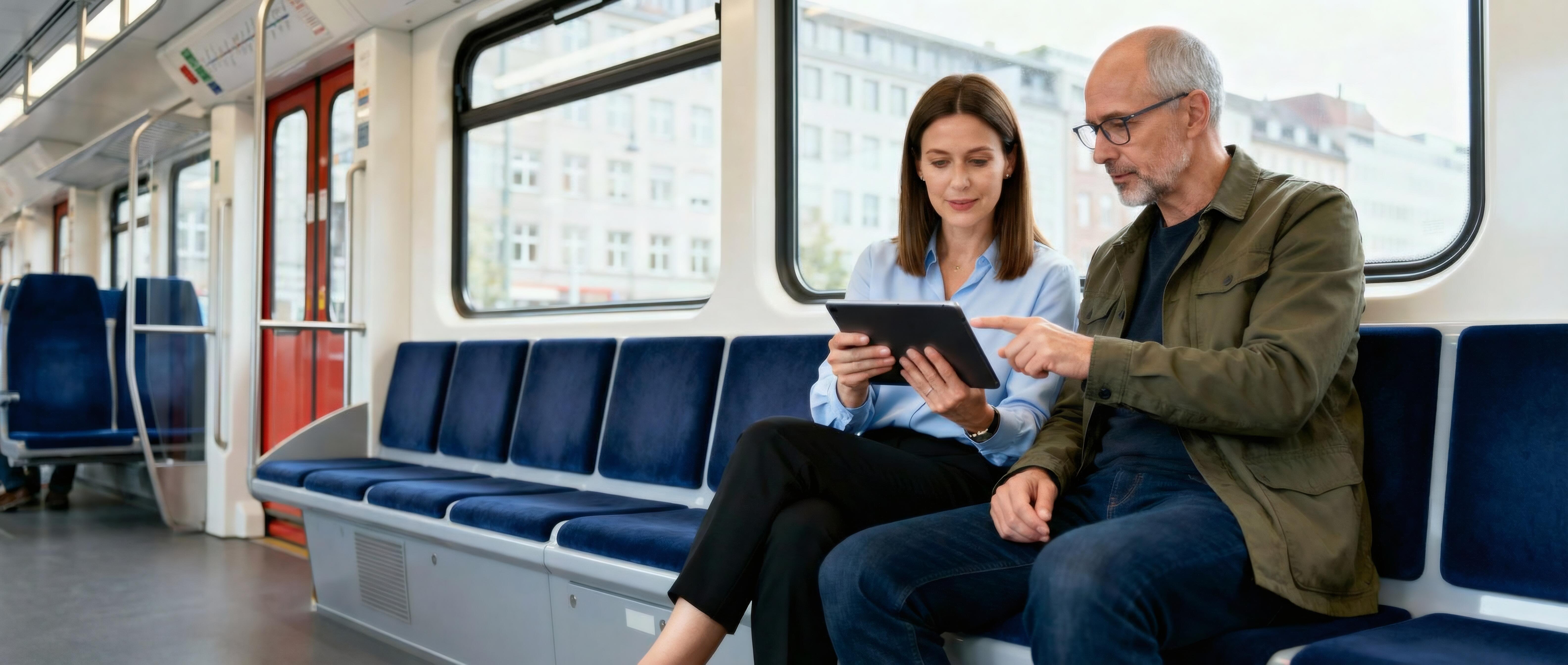 Frau mit Tablet und Mann sitzen in einer Straßenbahn