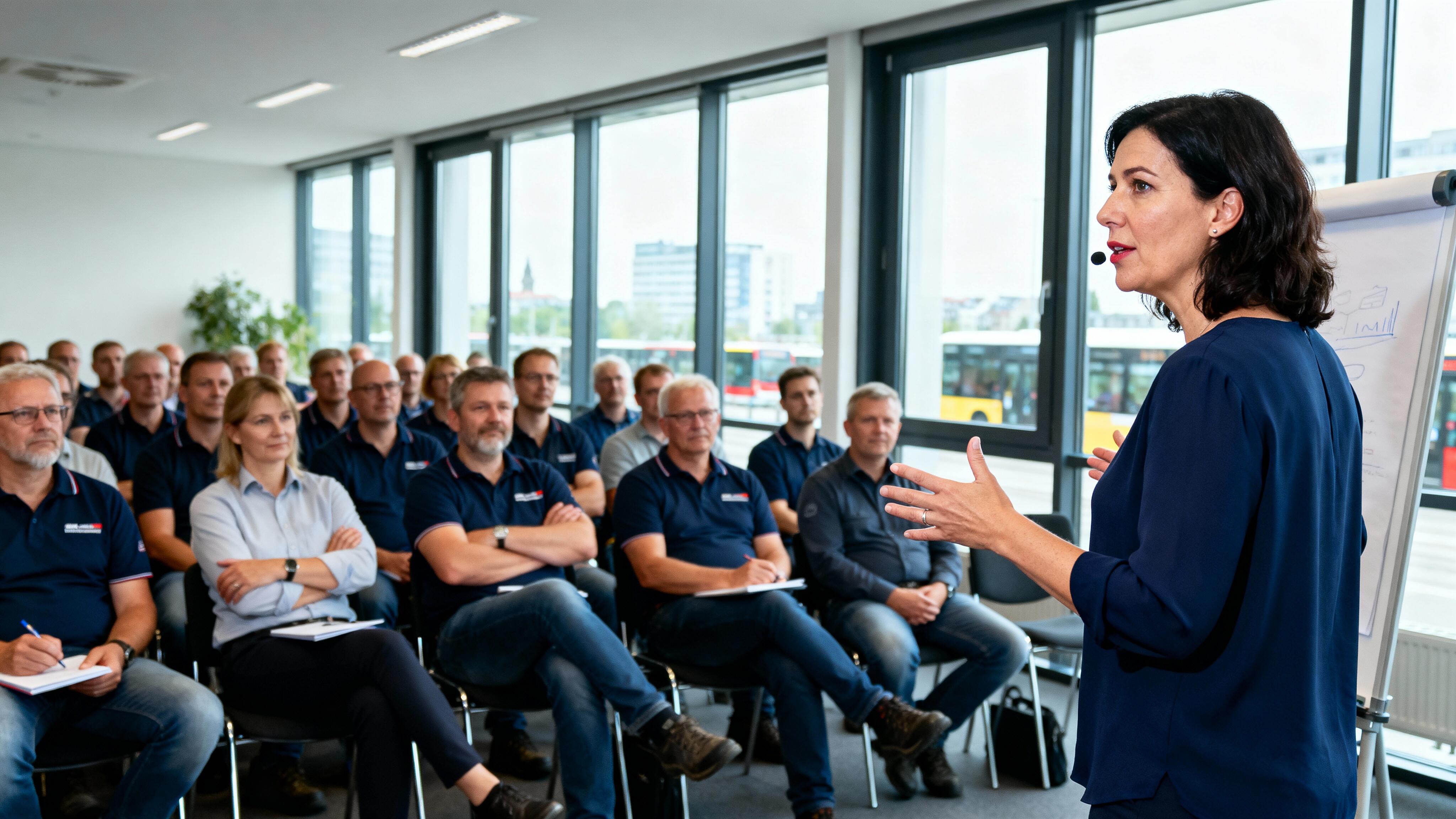 Frau vor Mitarbeitenden aus Verkehrsunternehmen