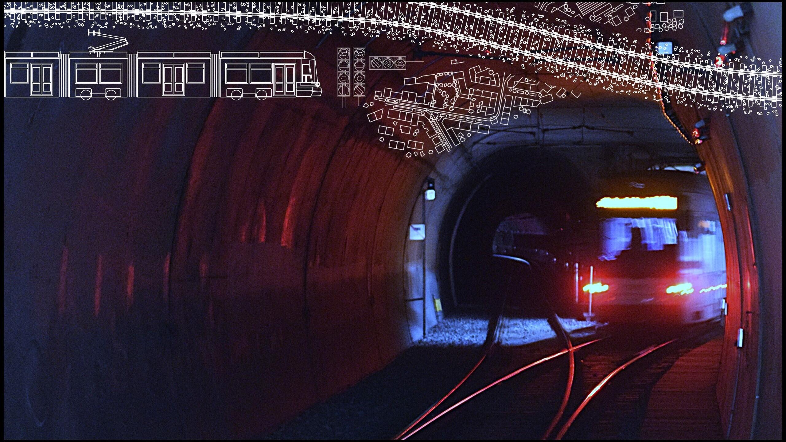 Eine Bahn fährt durch einen Tunnel.