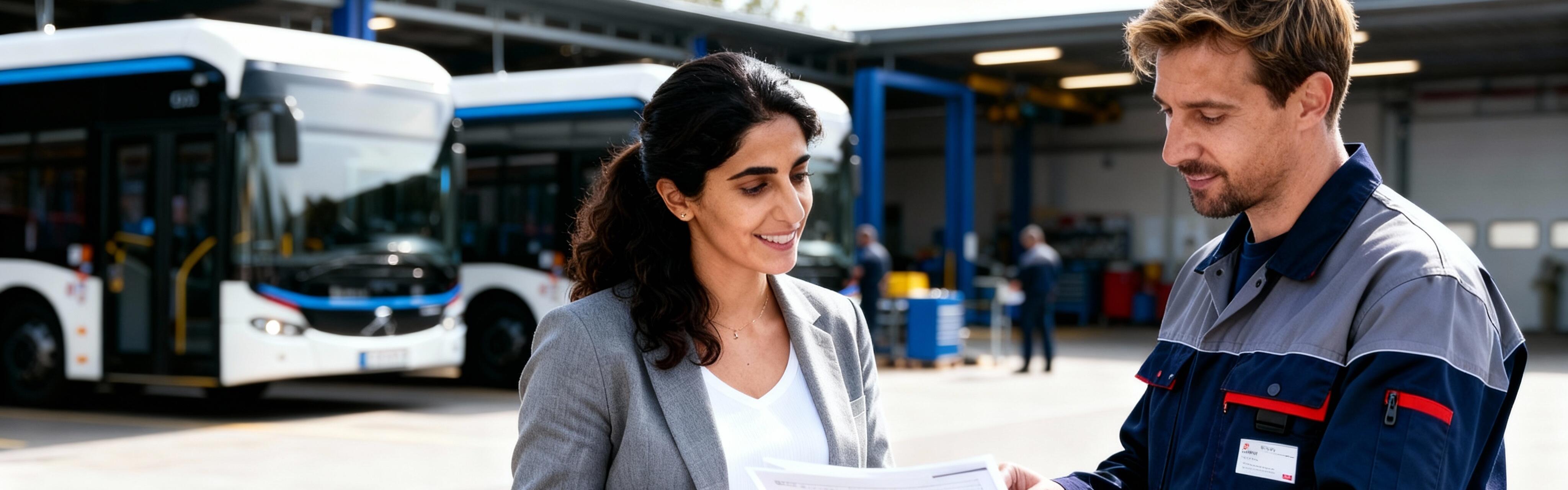 Frau und Mann vor Bussen auf einem Betriebshof