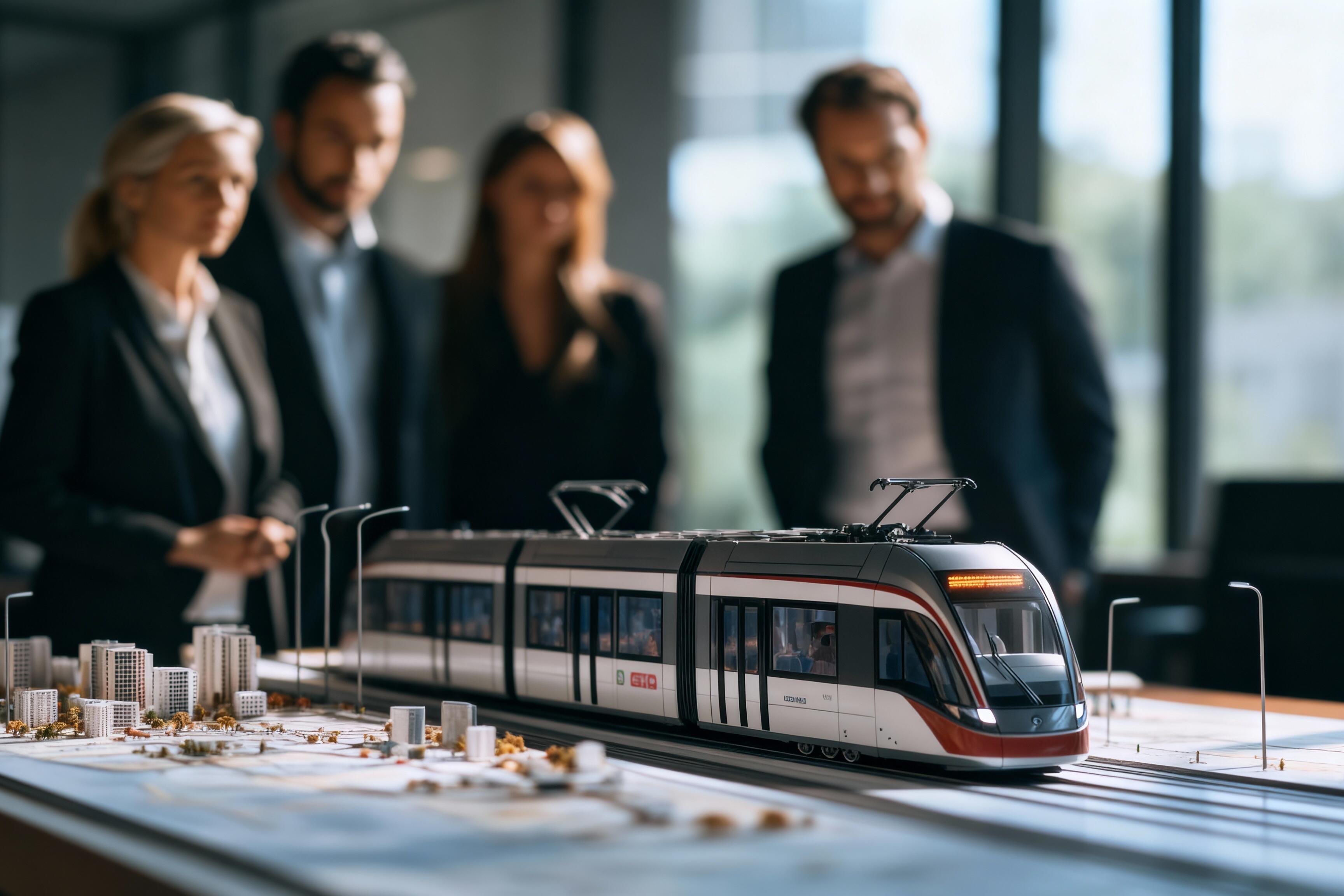 Vier Menschen stehen um ein Straßenbahnmodell herum