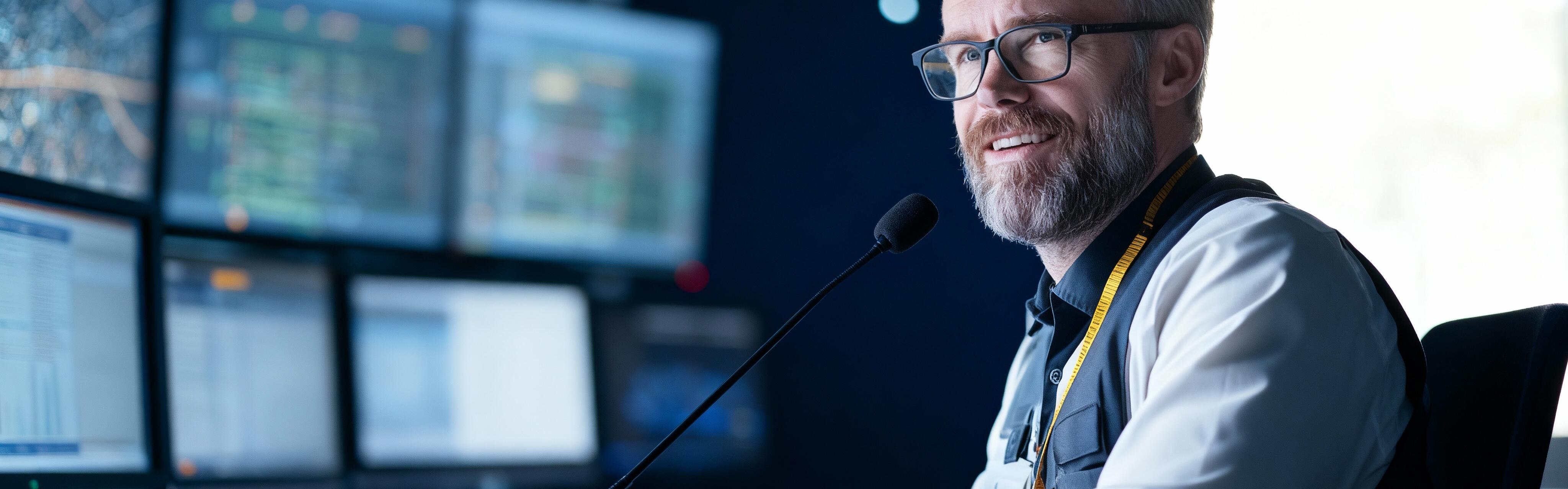 Mann in Leitstelle an einem Funkgerät