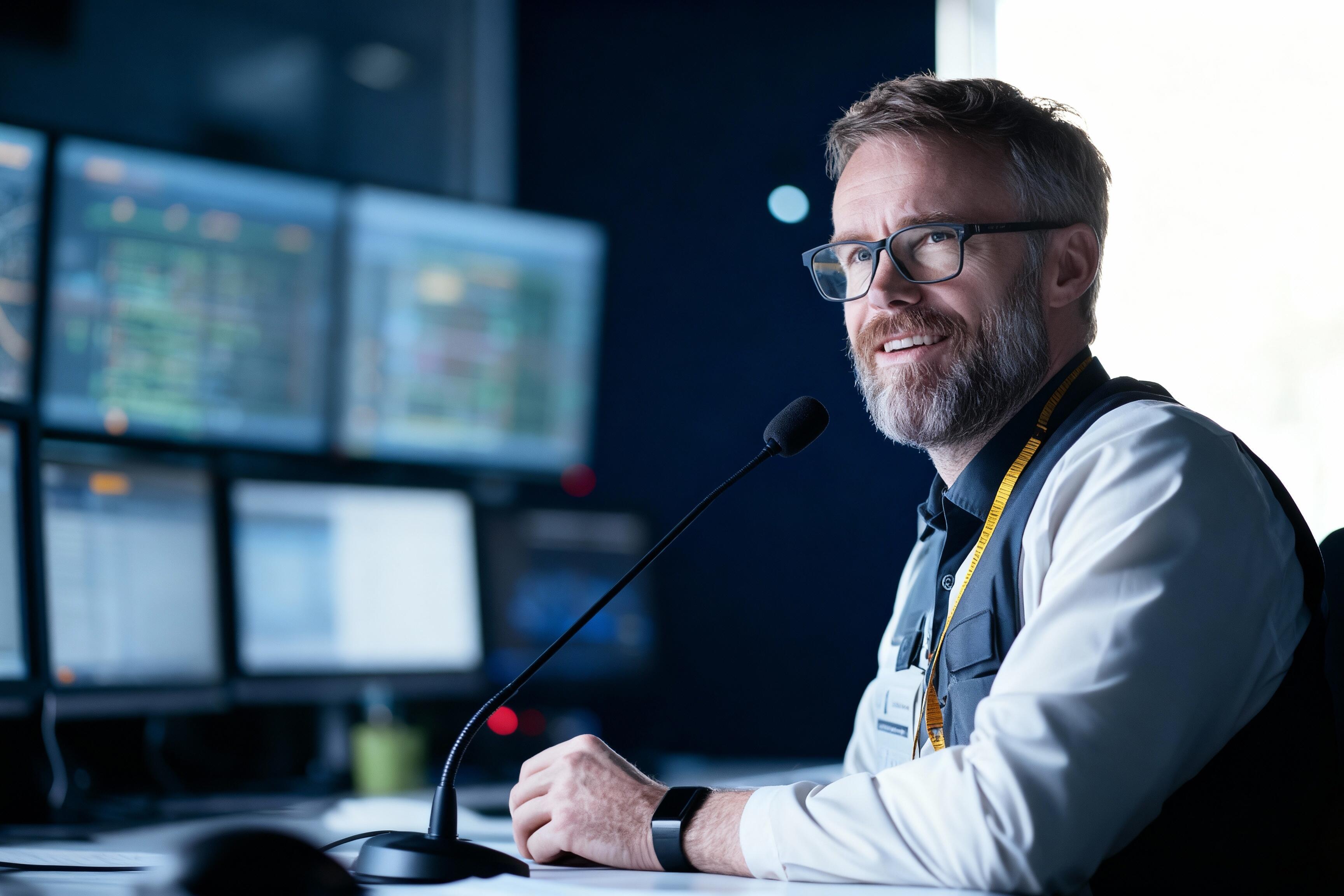 Mann in Leitstelle an einem Funkgerät