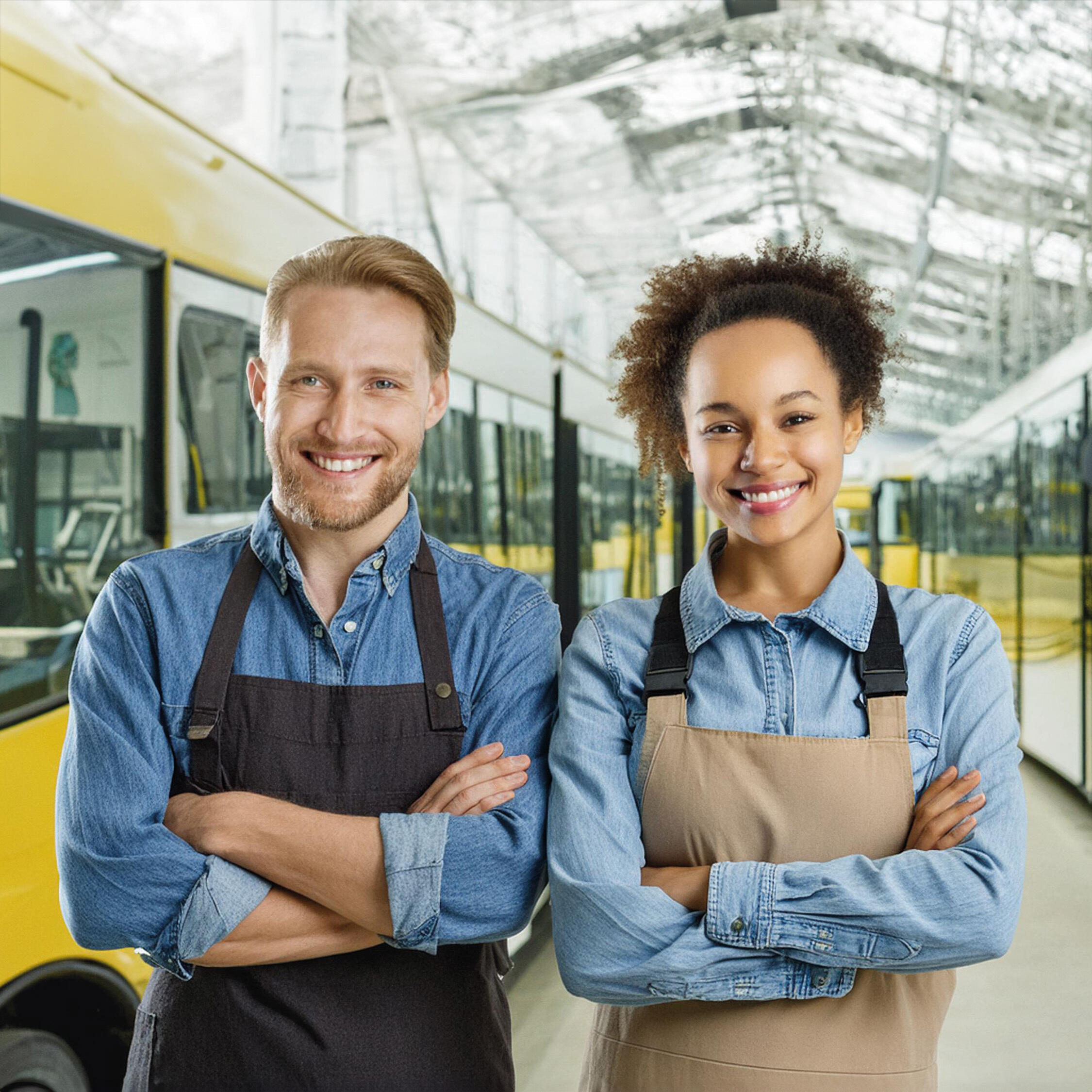 Zwei Werkstattmitarbeitende stehen zwischen Fahrzeugen in einer Abstellhalle