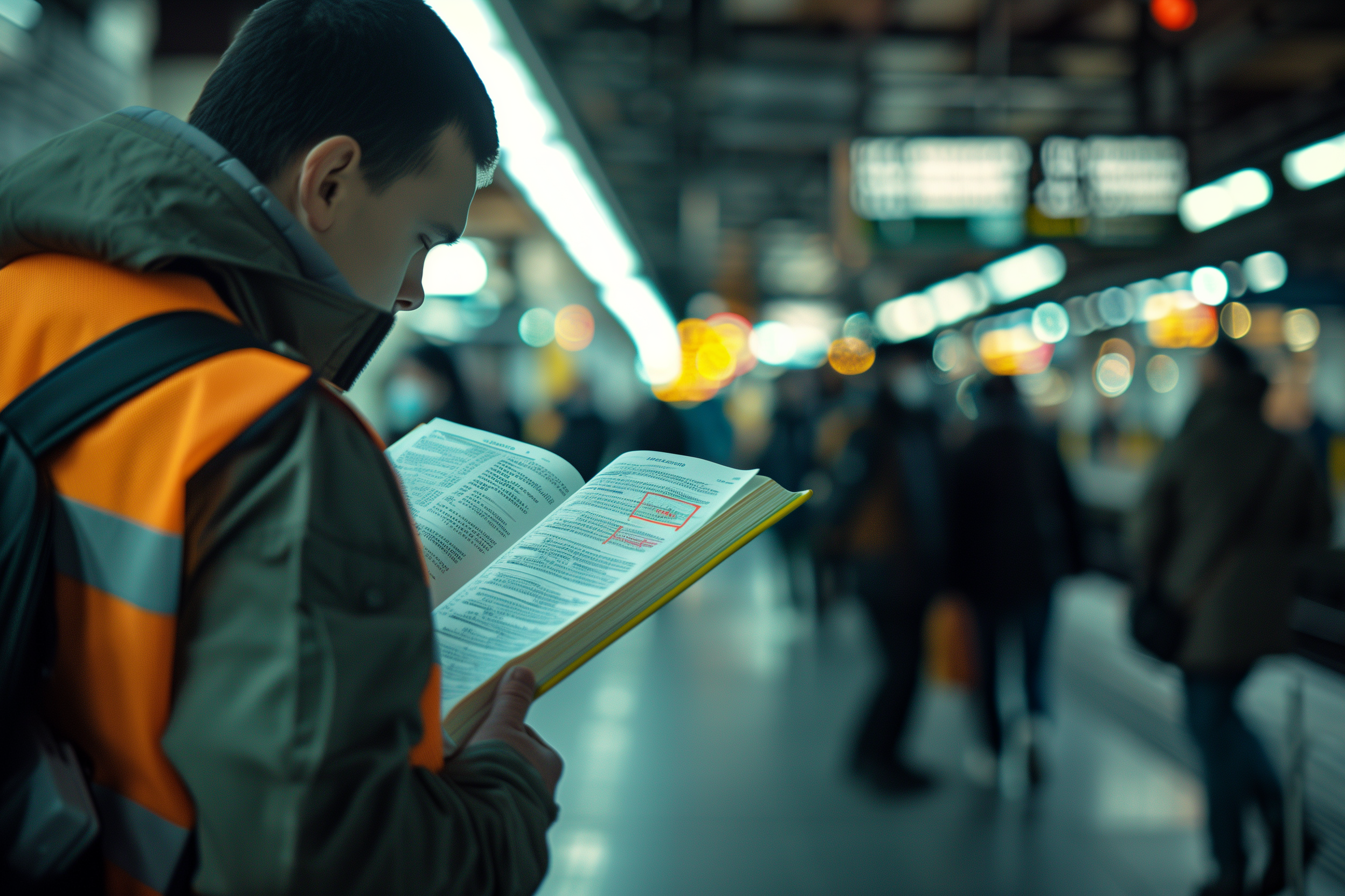 Mann liest in einer U-Bahn-Station in einem Gesetzestext.