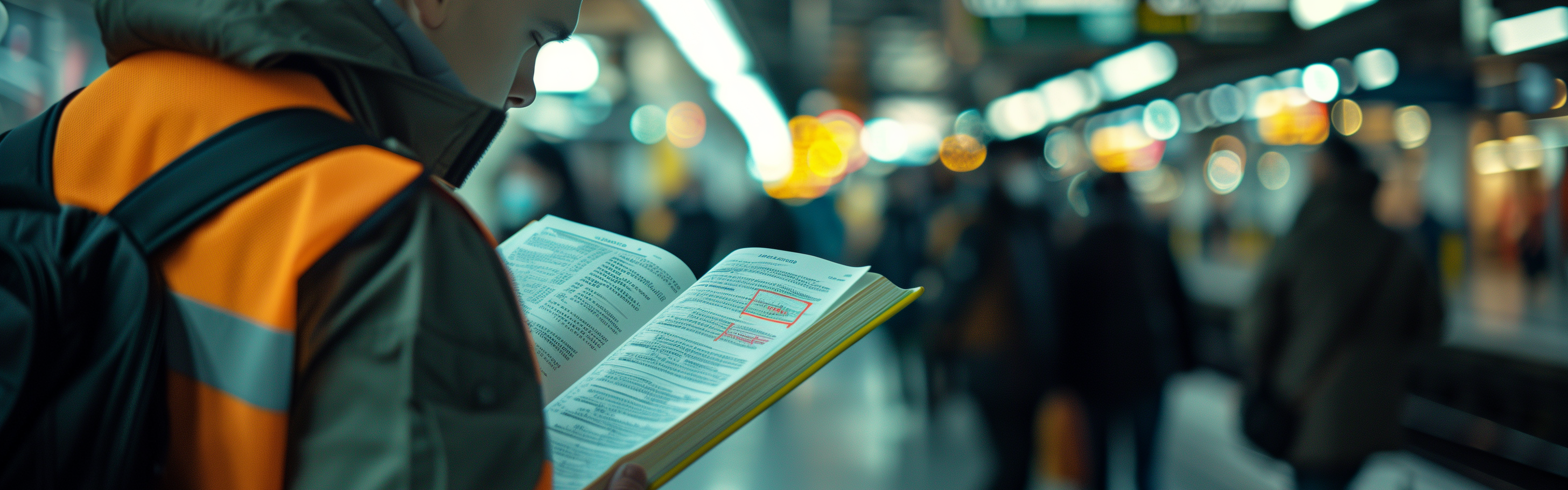 Mann liest in einer U-Bahn-Station in einem Gesetzestext.