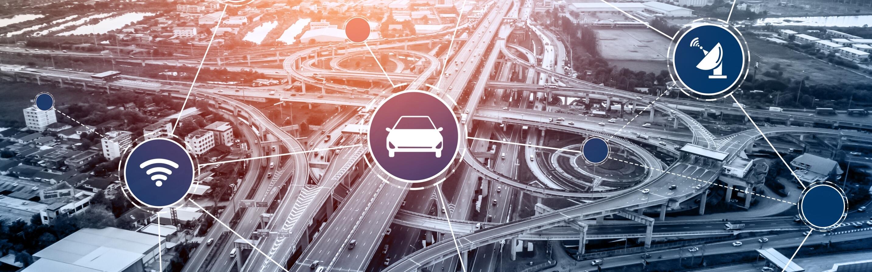 Autobahndreieck über dem ein Netz mit Icons zum Thema On-Demand-Verkehr.