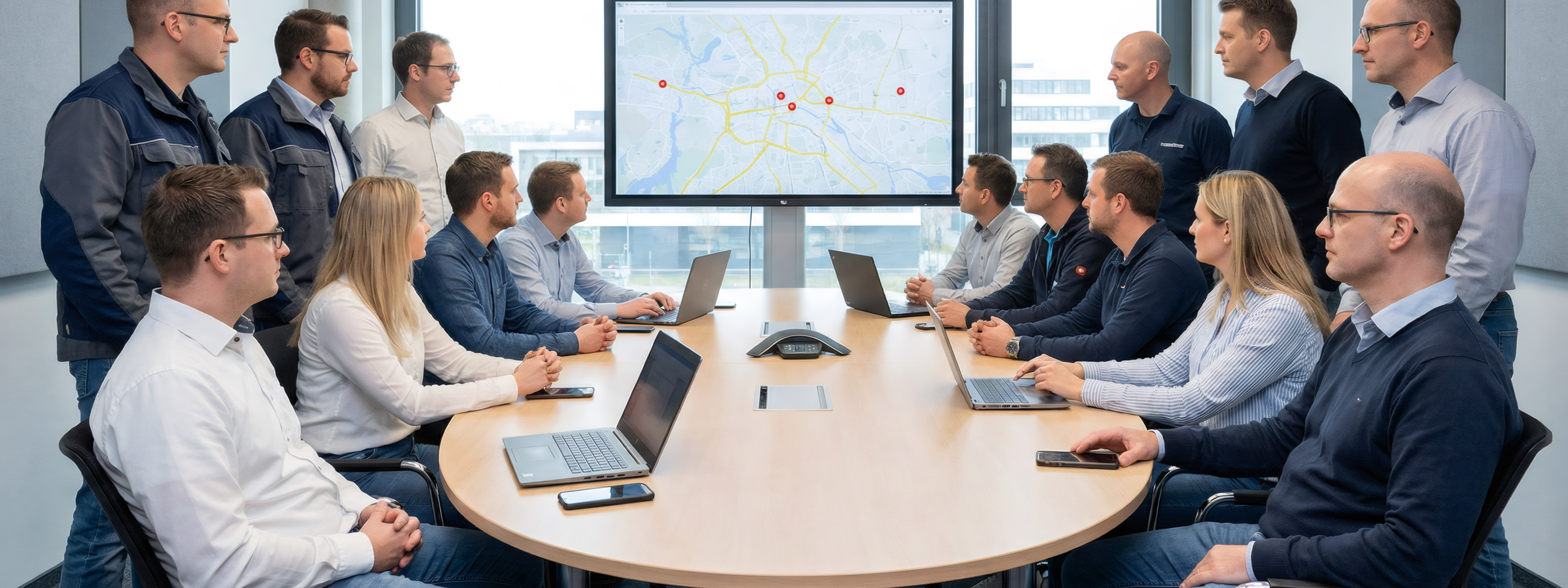 Eine Gruppe Arbeitnehmer verfolgen aufmerksam eine Präsentation an einem großen Monitor.