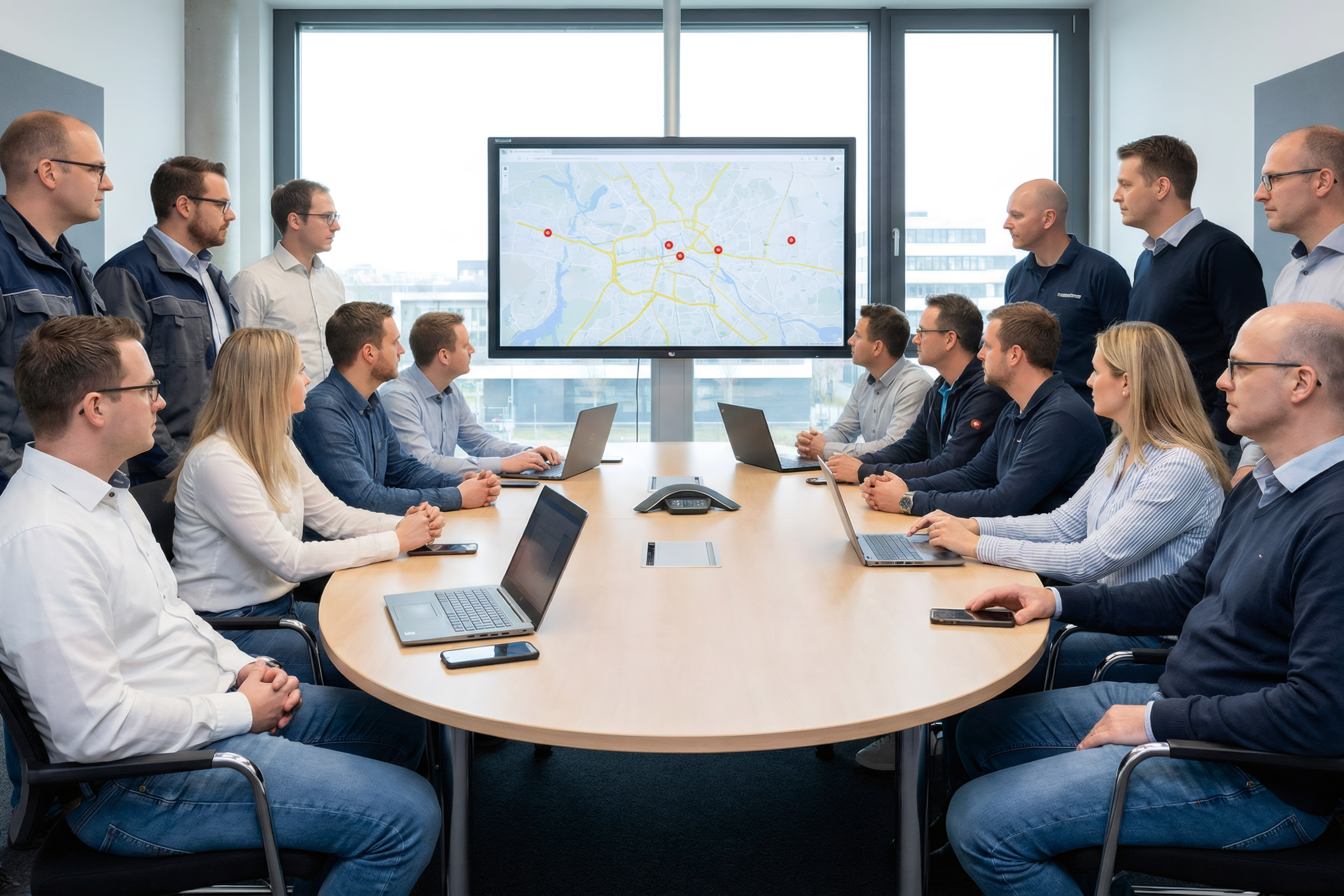 Eine Gruppe Arbeitnehmer verfolgen aufmerksam eine Präsentation an einem großen Monitor.