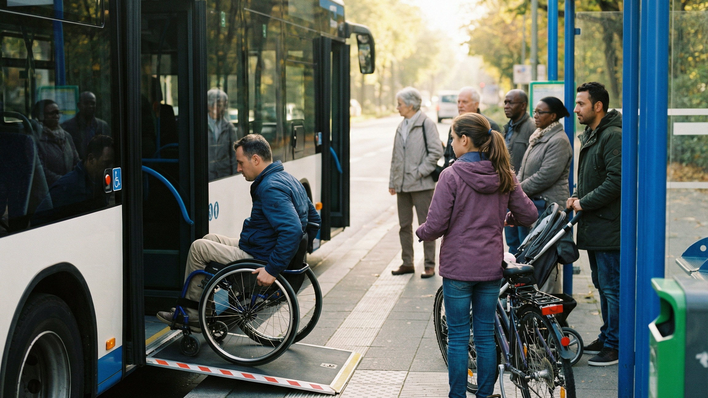 Es ist ein Bus zusehen wo ein Rollstuhlfahrer über eine Rampe einsteigt.
