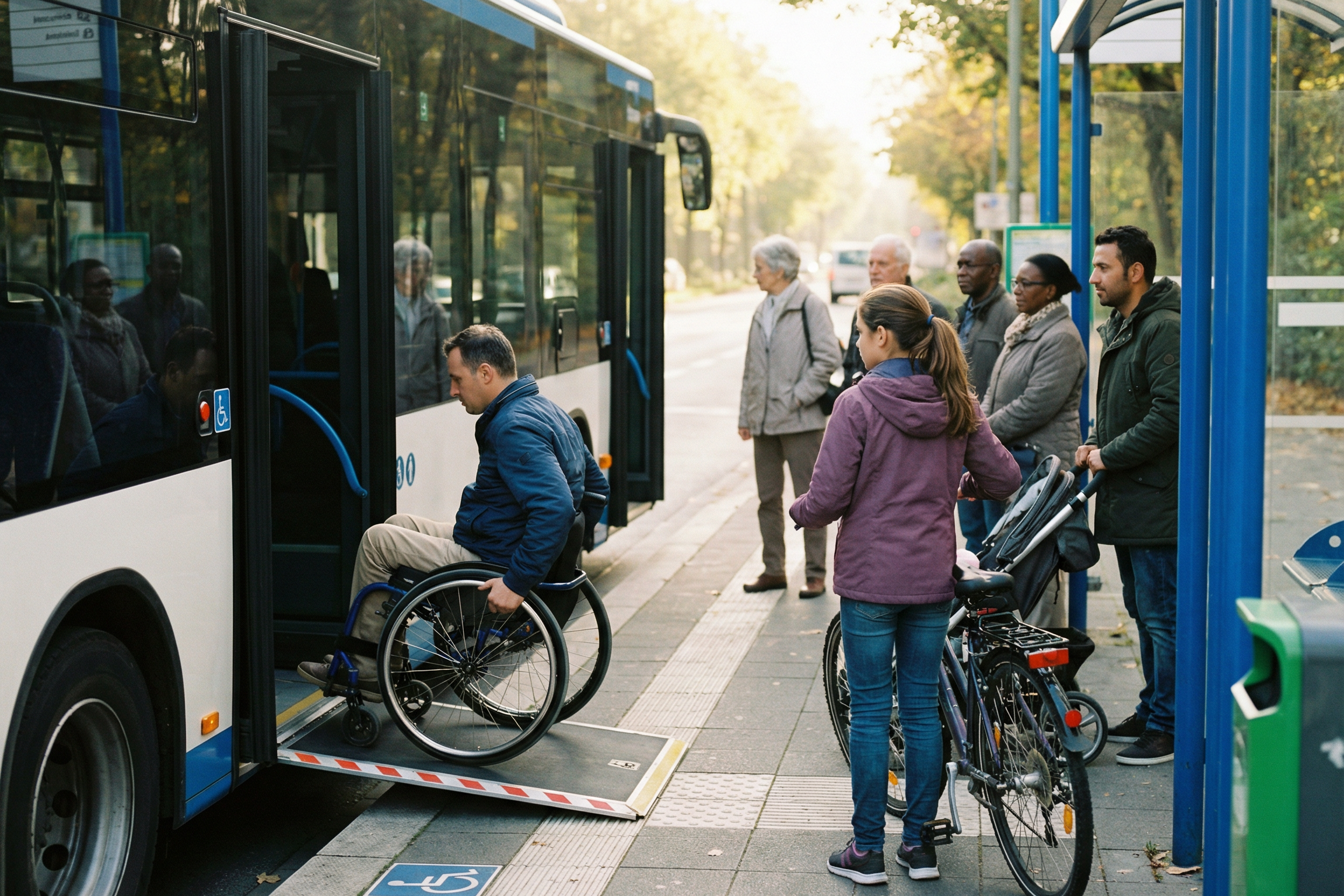 Es ist ein Bus zusehen wo ein Rollstuhlfahrer über eine Rampe einsteigt.