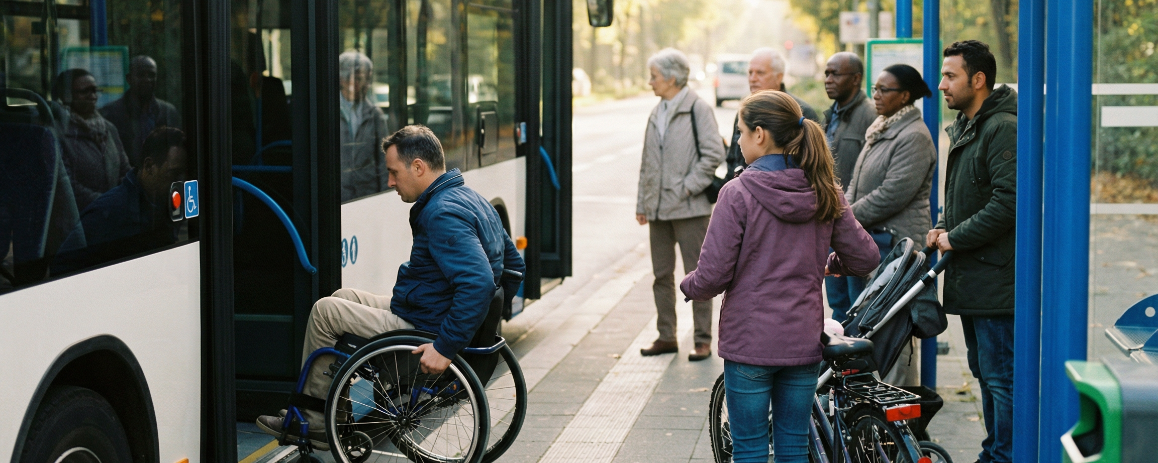 Es ist ein Bus zusehen wo ein Rollstuhlfahrer über eine Rampe einsteigt.