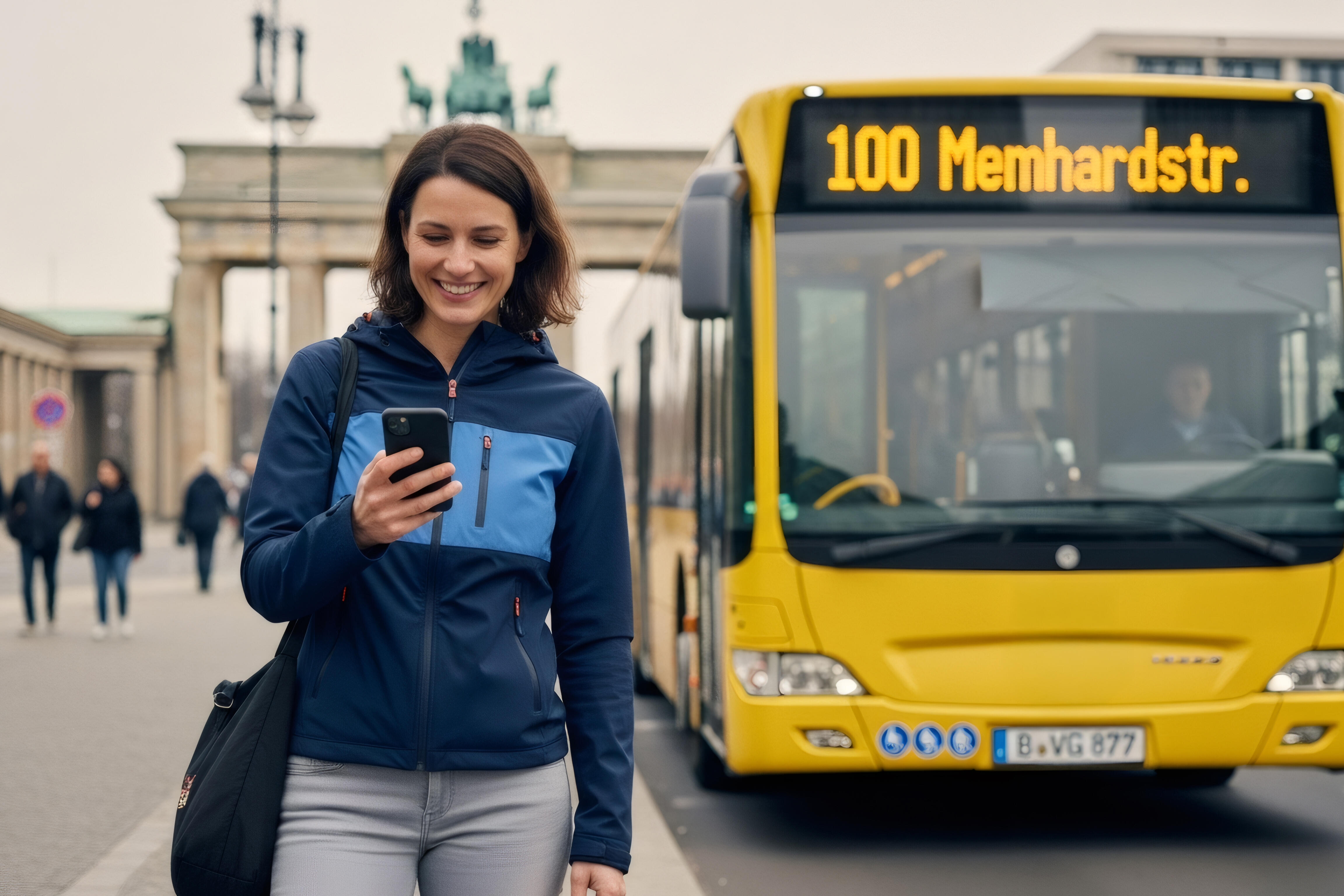 Eine gutgelaunte Frau steht neben einem gelben Bus vor dem Brandenburger Tor.